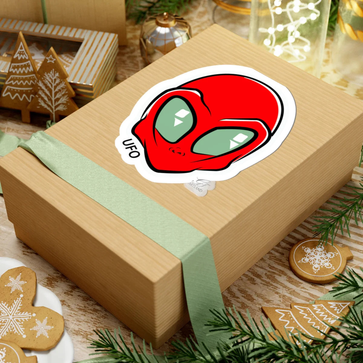Red Alien Head UFO Sticker | Kiss-Cut Vinyl Decal by GT Artland