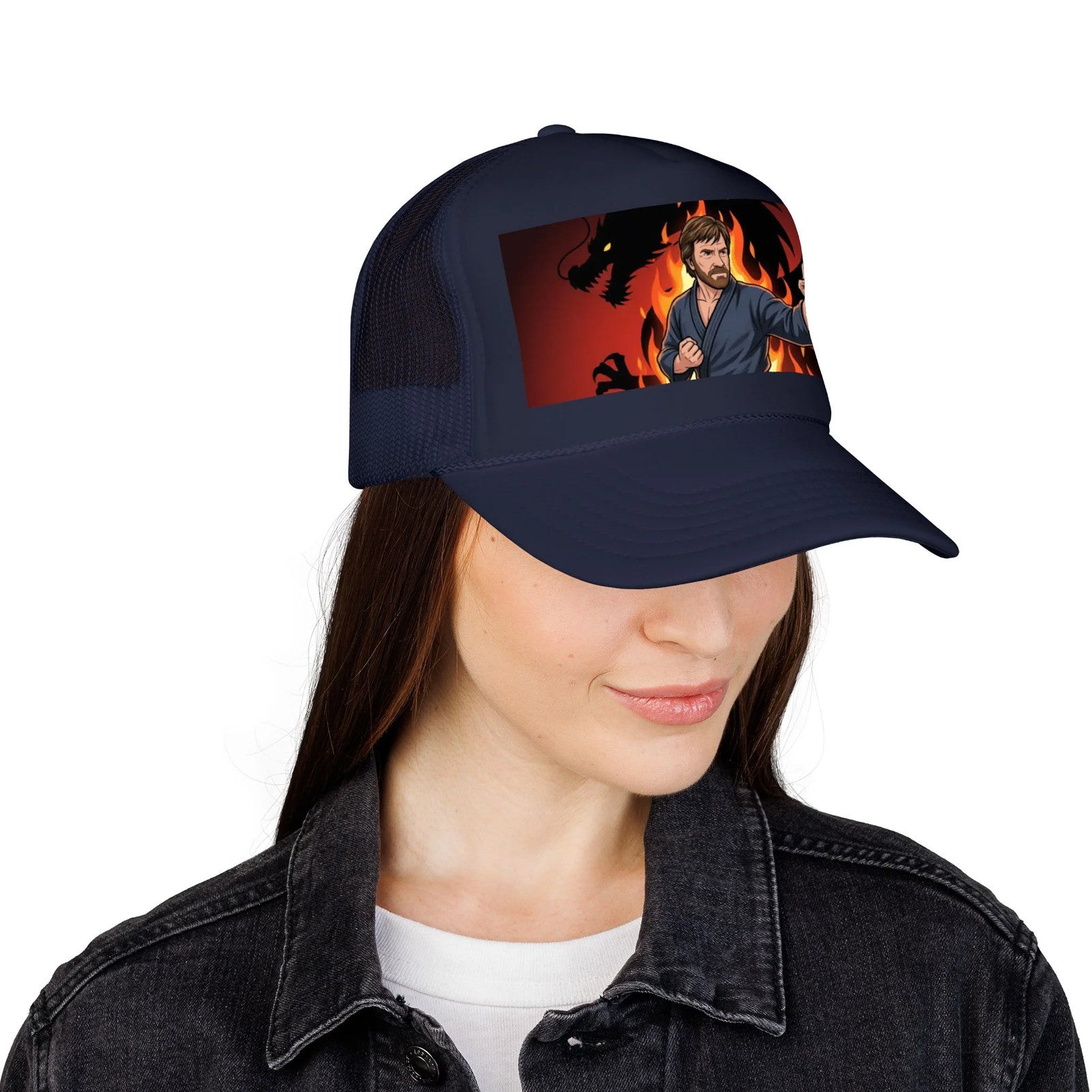Martial Artist Chuck Norris Flames Foam Trucker Hat | Dragon Silhouette Panel