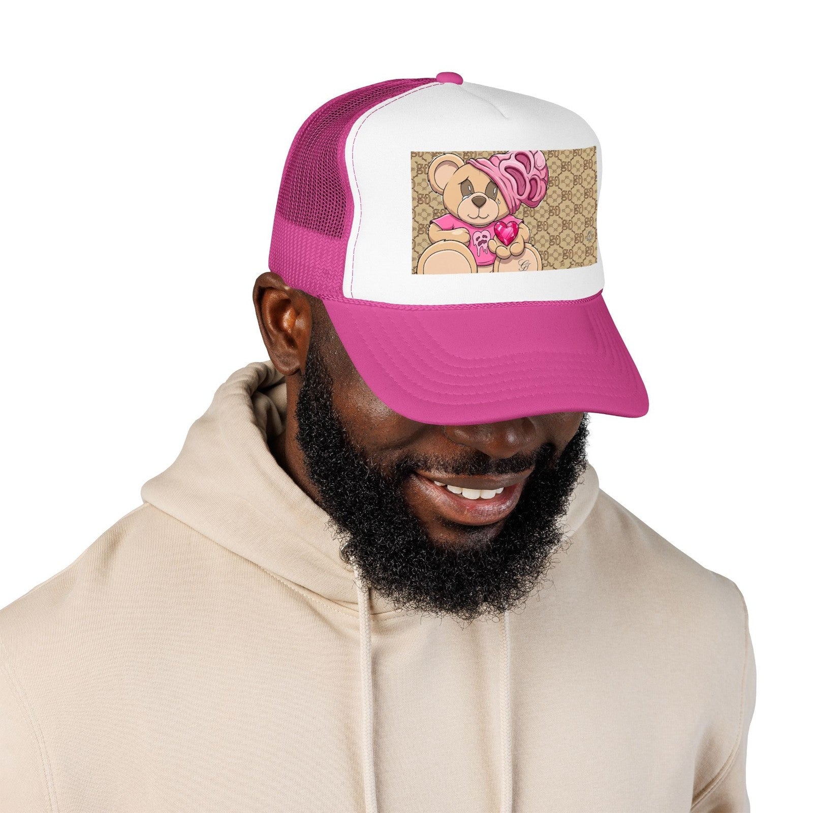 Pink Teddy Bear Heart Foam Trucker Hat | Cute Bear Patch by GT Artland