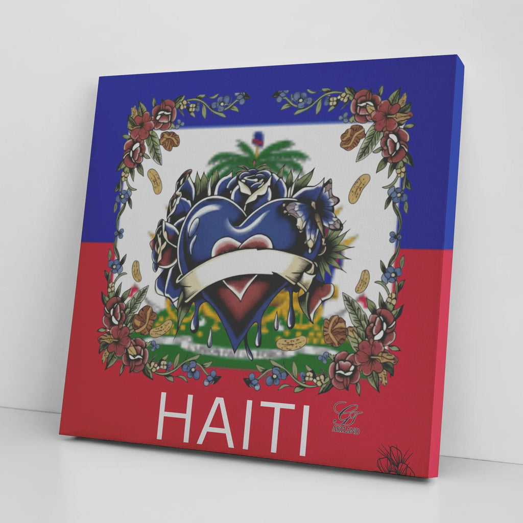 Haiti Flag Hearts and Roses Luxury Style Designer Square Canvas Wrap by GT