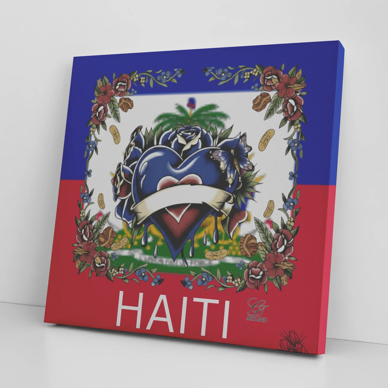 Haiti Flag Hearts and Roses Luxury Style Designer Square Canvas Wrap by GT