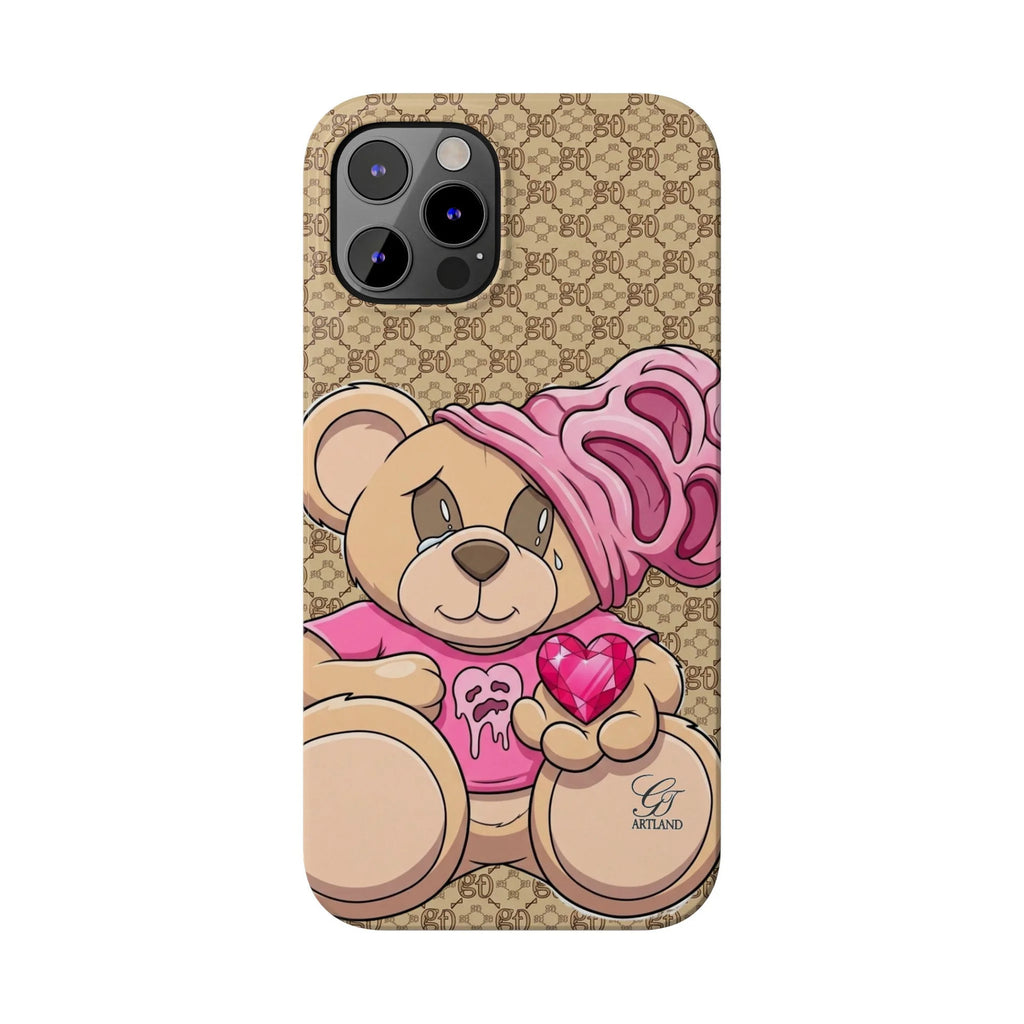 Pink Heart Teddy Bear Slim Phone Case | Designer Monogram Background by GT