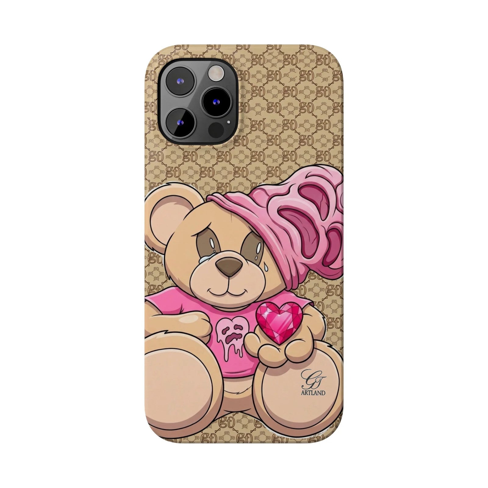 Pink Heart Teddy Bear Slim Phone Case | Designer Monogram Background by GT