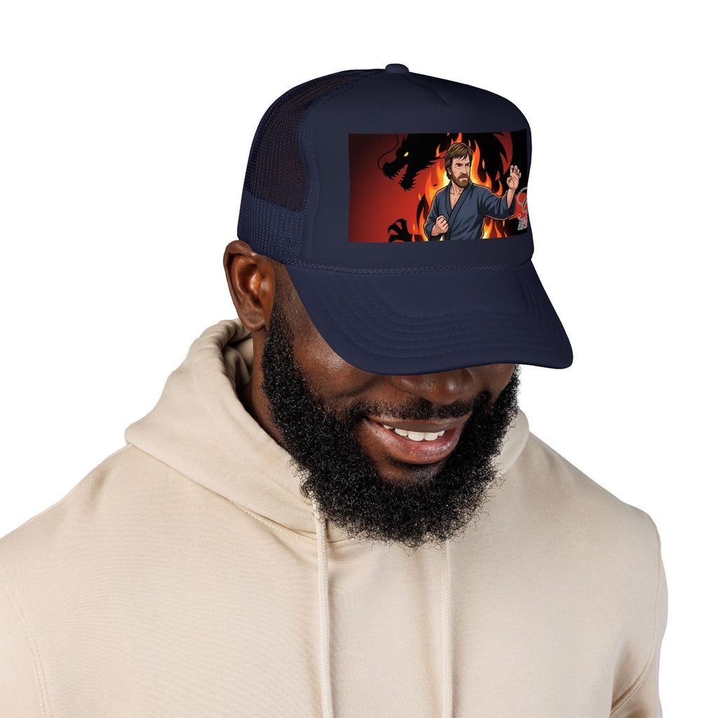 Martial Artist Chuck Norris Flames Foam Trucker Hat | Dragon Silhouette Panel