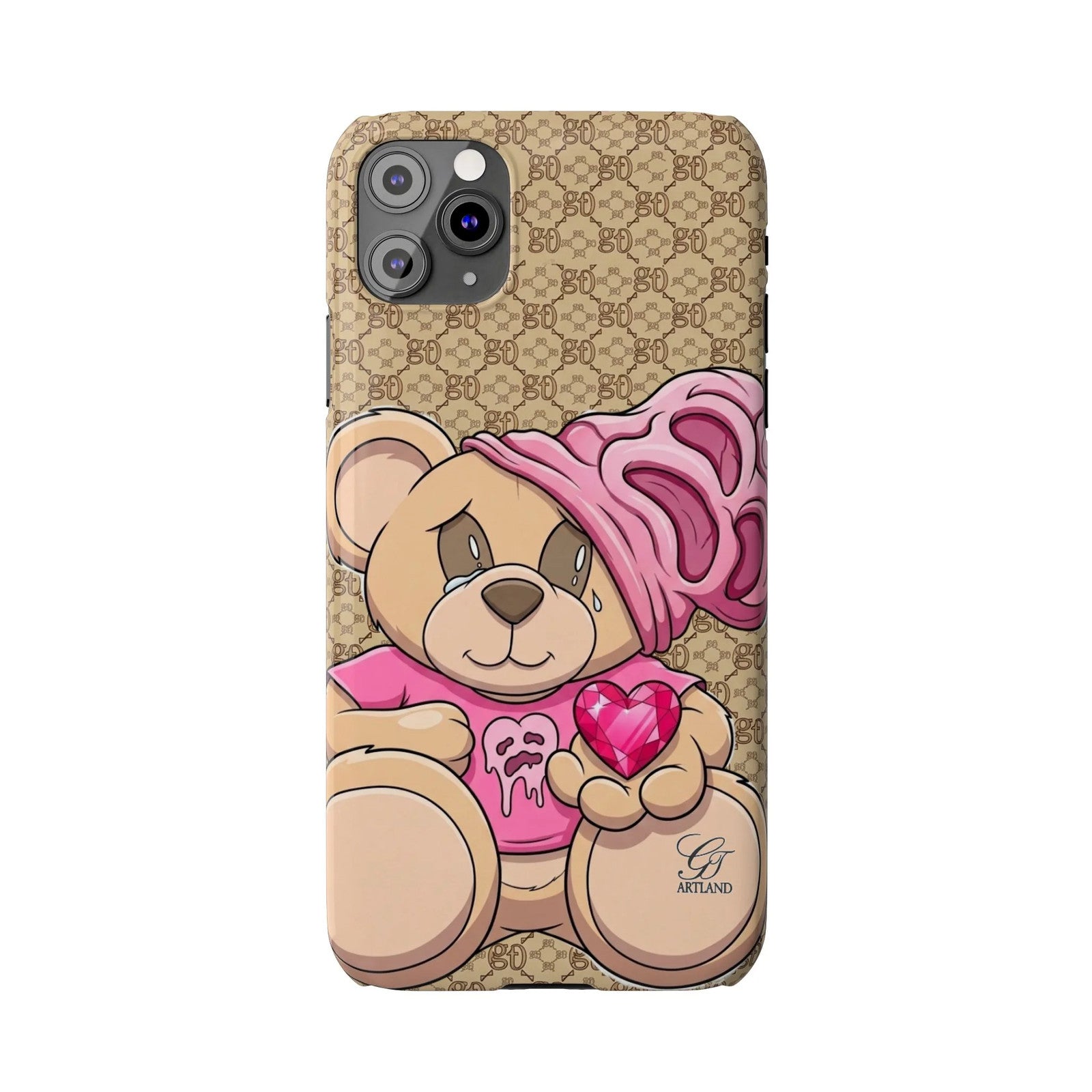 Pink Heart Teddy Bear Slim Phone Case | Designer Monogram Background by GT