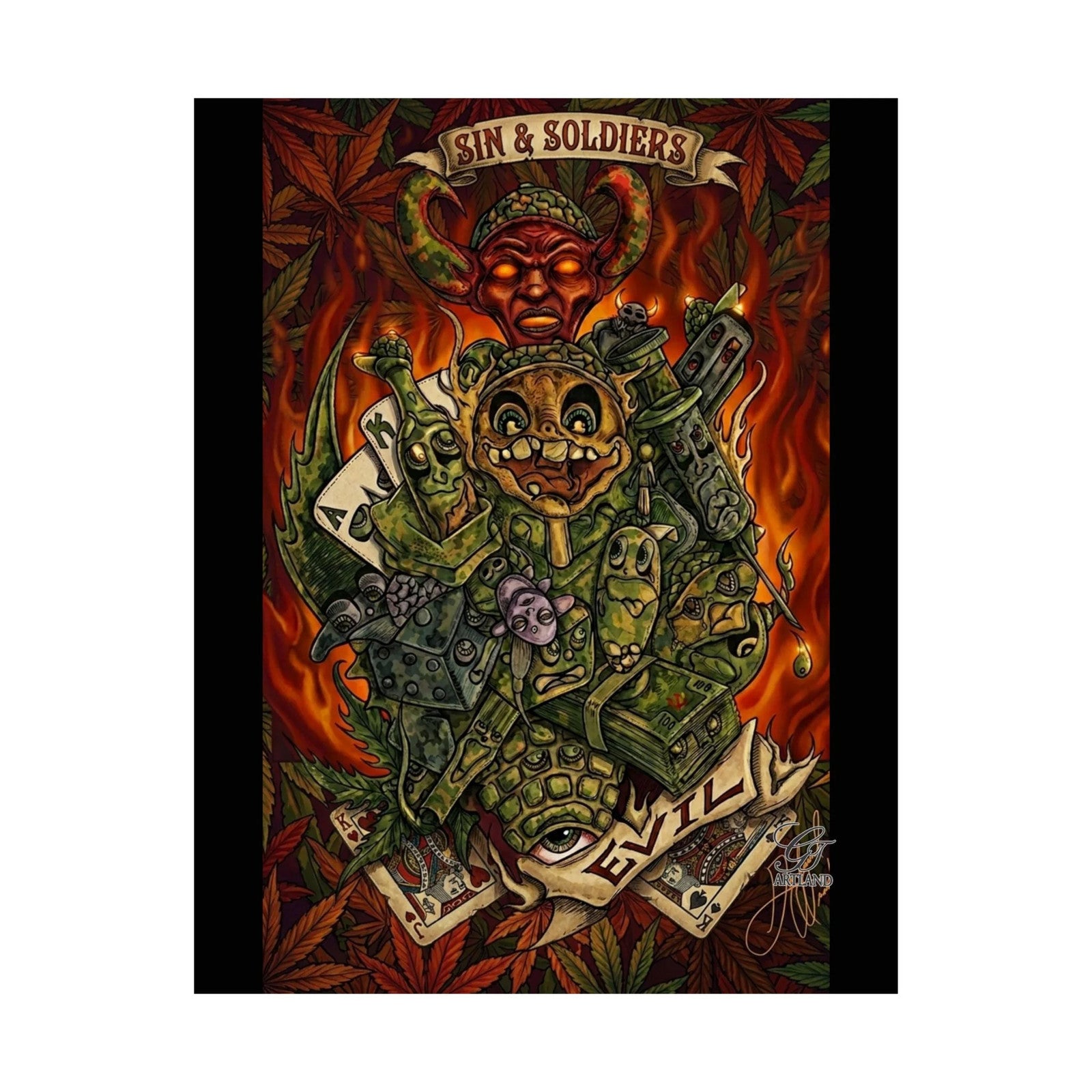 Sin & Soldiers poster | psychedelic horror artwork, flames & skulls vertical
