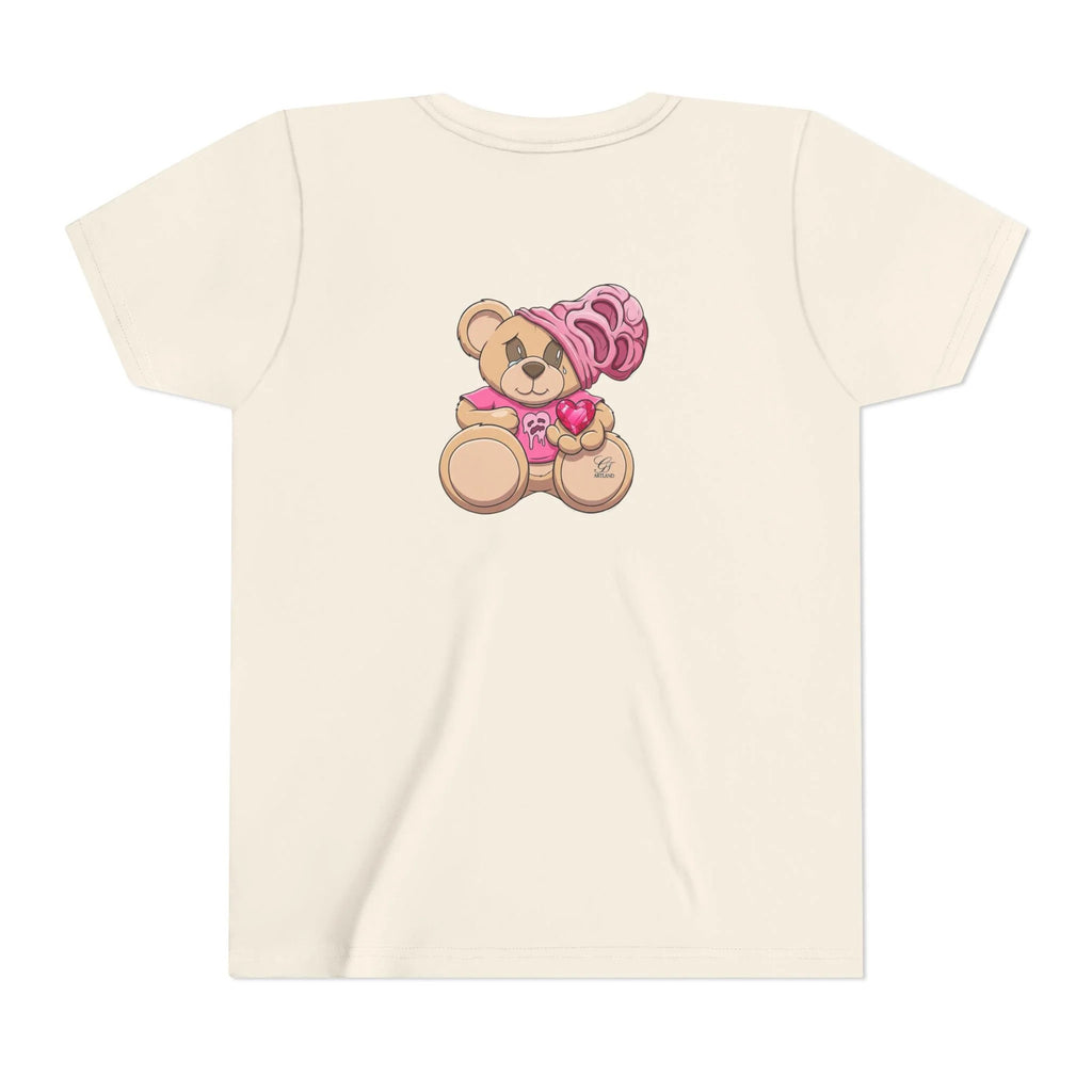 Pink Teddy Bear Holding Heart Youth Tee | Cute Bear Graphic by GT Artland