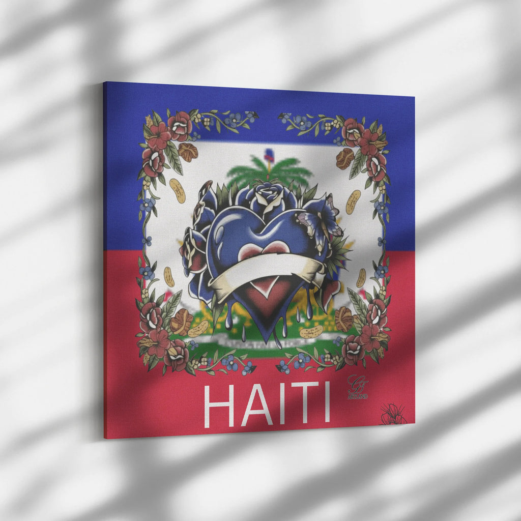 Haiti Flag Hearts and Roses Luxury Style Designer Square Canvas Wrap by GT