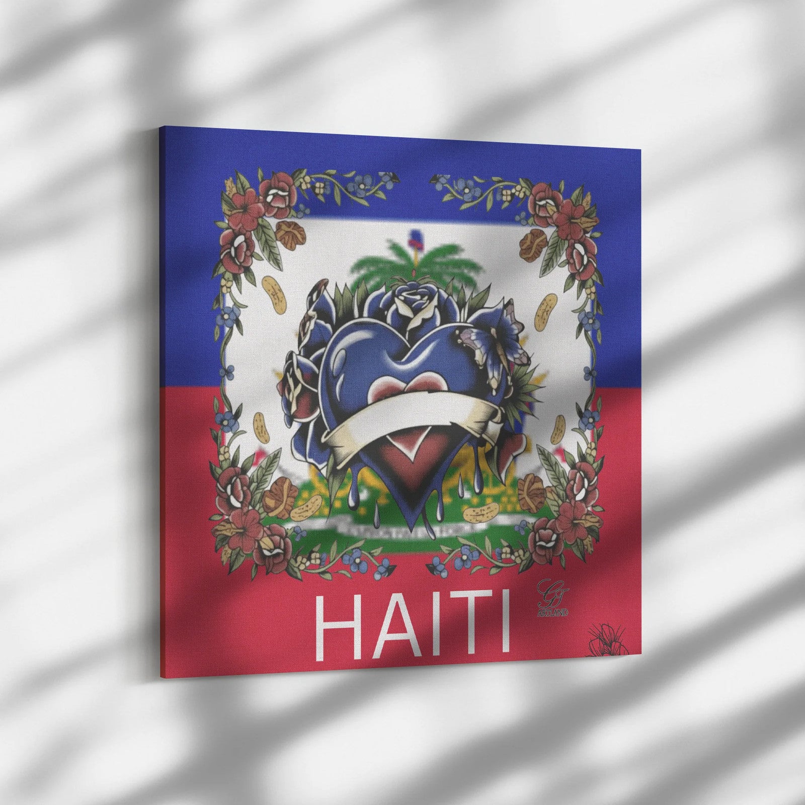 Haiti Flag Hearts and Roses Luxury Style Designer Square Canvas Wrap by GT