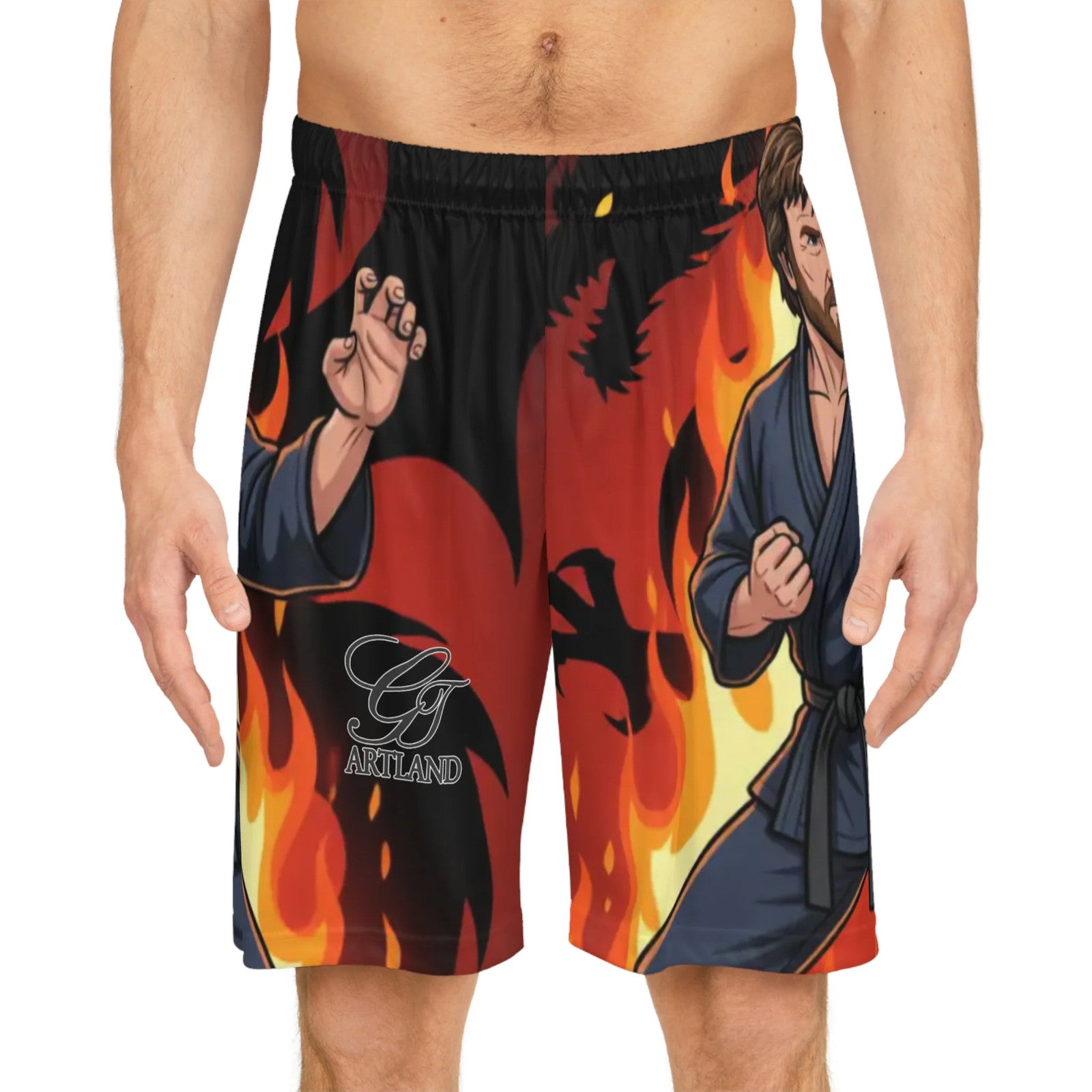 Martial Artist Chuck Norris Flames Basketball Shorts | Deluxe High Fashion by