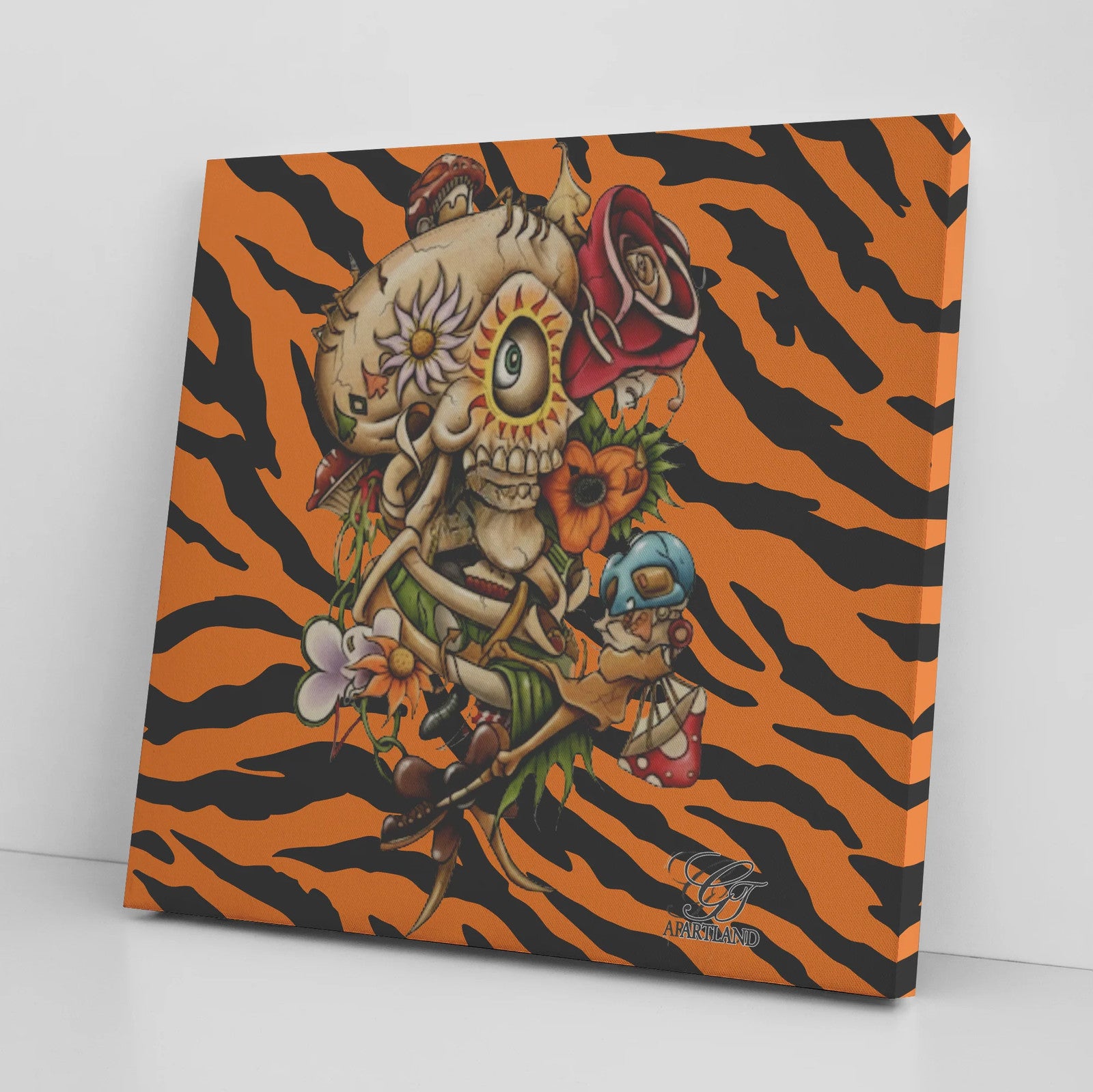 Candy Skull Tiger Crush Square with Rose Canvas Wrap by GT Artland
