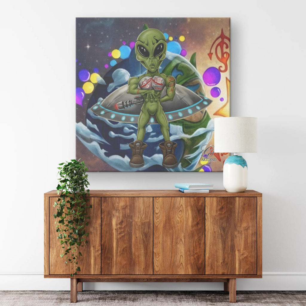 Alien GT Rolling Dice With the Strap and UFO Spaceship Square Canvas Wrap by GT