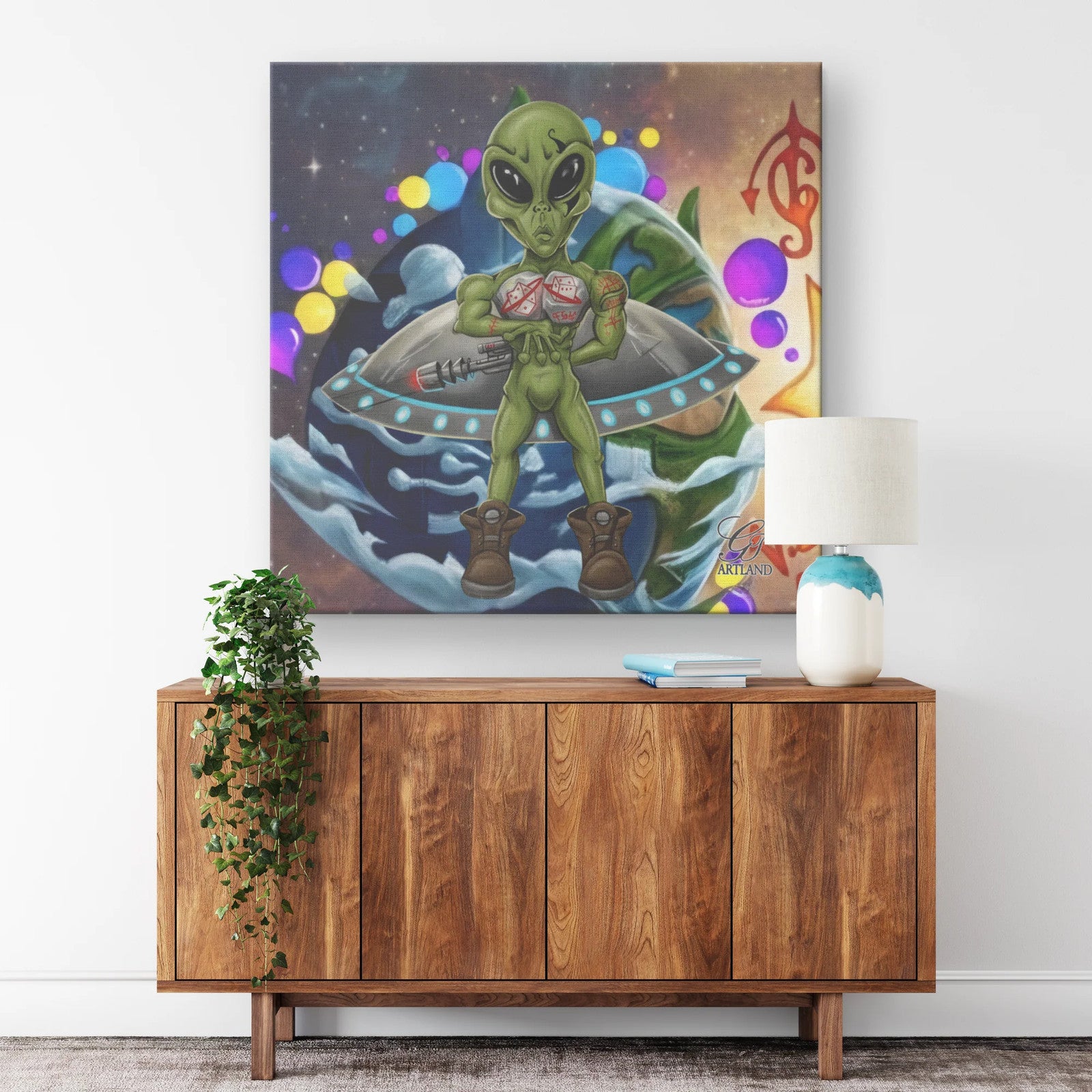 Alien GT Rolling Dice With the Strap and UFO Spaceship Square Canvas Wrap by GT