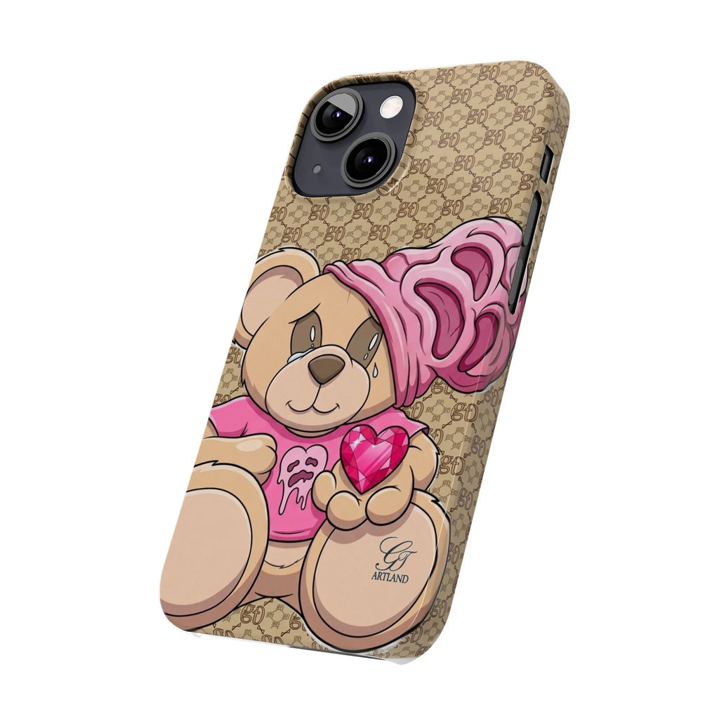 Pink Heart Teddy Bear Slim Phone Case | Designer Monogram Background by GT