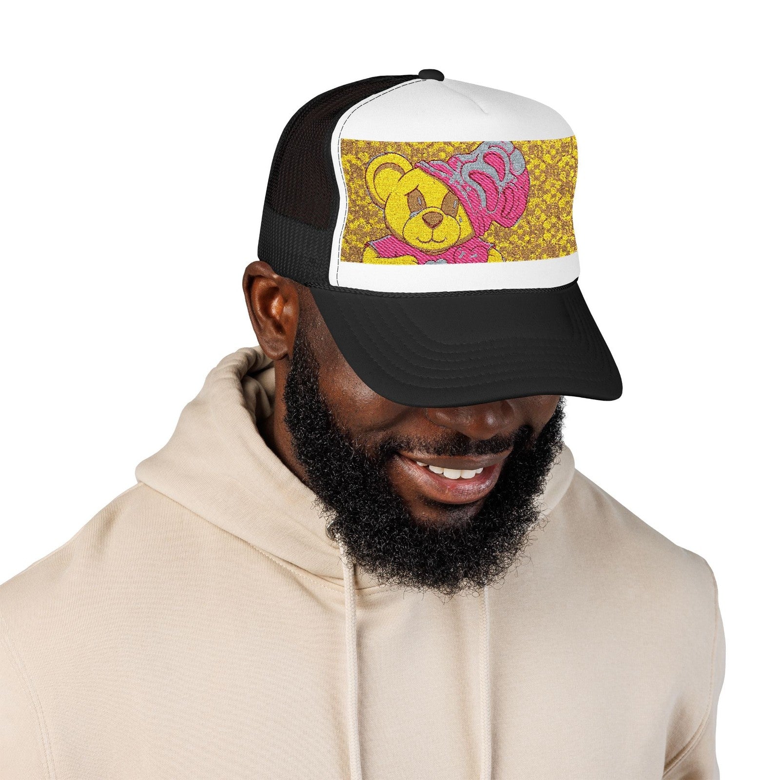 Yellow Teddy with Pink Beanie Trucker Hat | Sparkle Sequin Patch by GT Artland