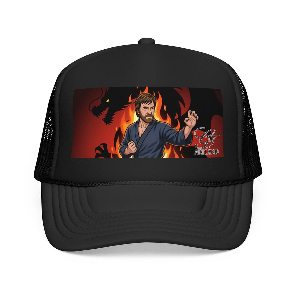 Martial Artist Chuck Norris Flames Foam Trucker Hat | Dragon Silhouette Panel