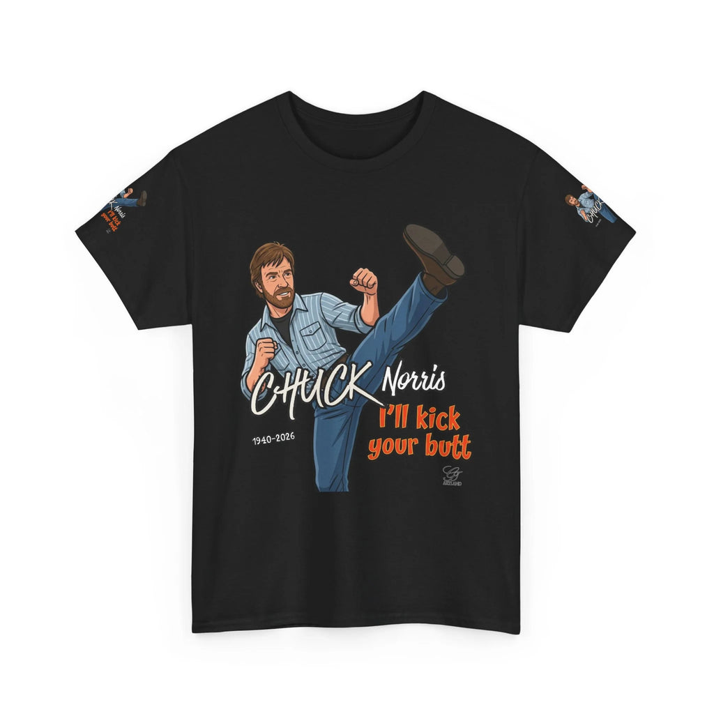 Chuck Norris kick illustration T-Shirt | I'll kick your butt slogan designer by