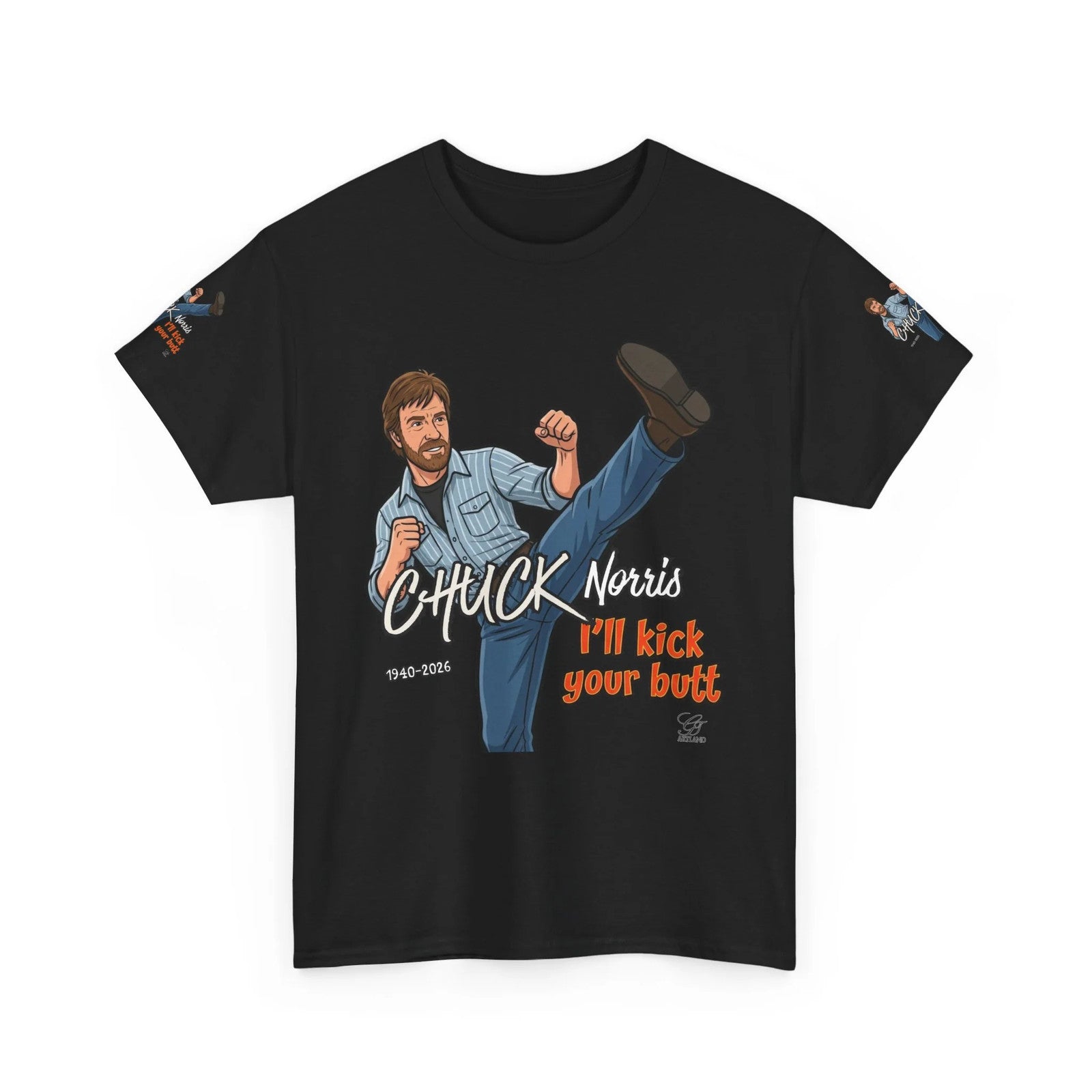 Chuck Norris kick illustration T-Shirt | I'll kick your butt slogan designer by
