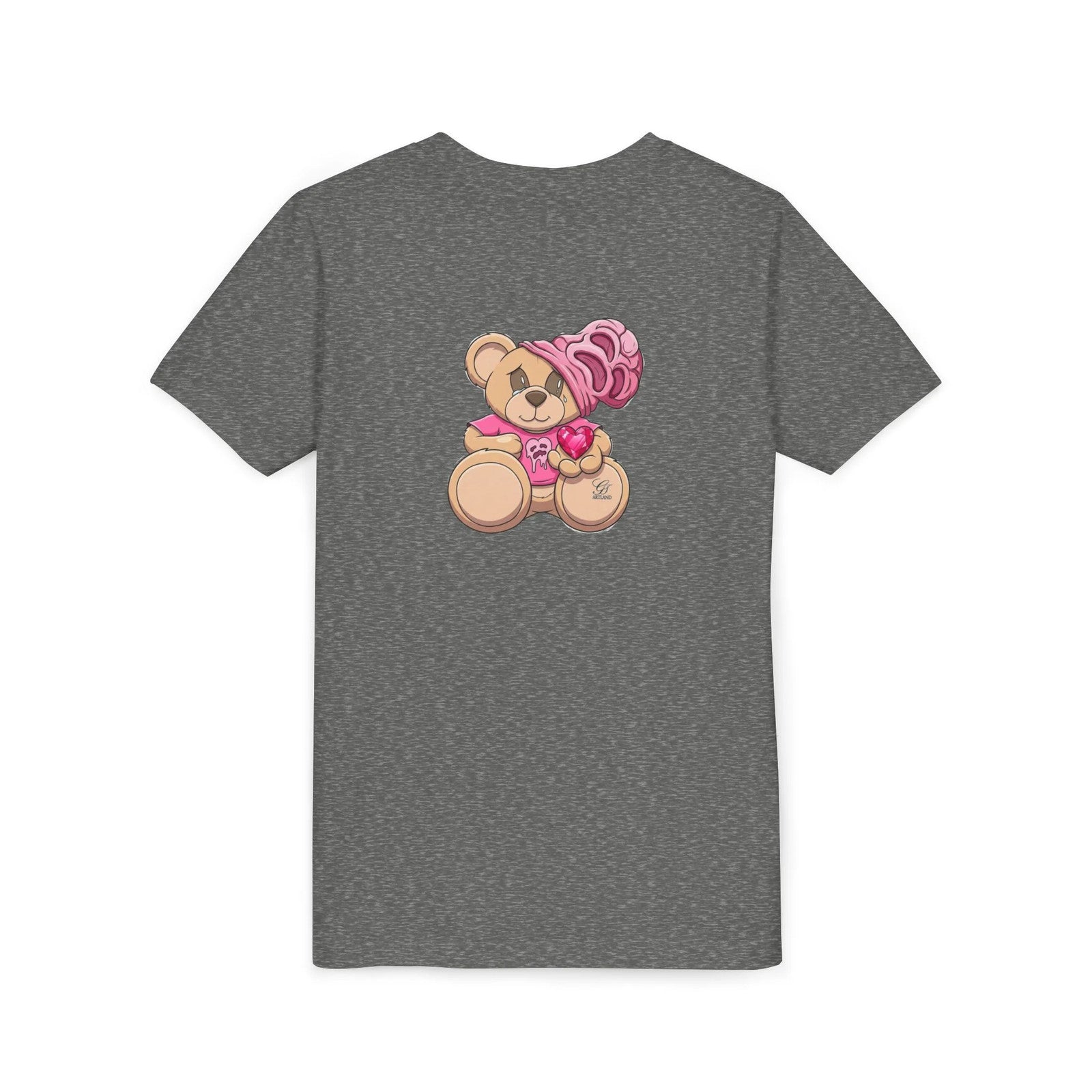 Pink Teddy Bear Holding Heart Youth Tee | Cute Bear Graphic by GT Artland
