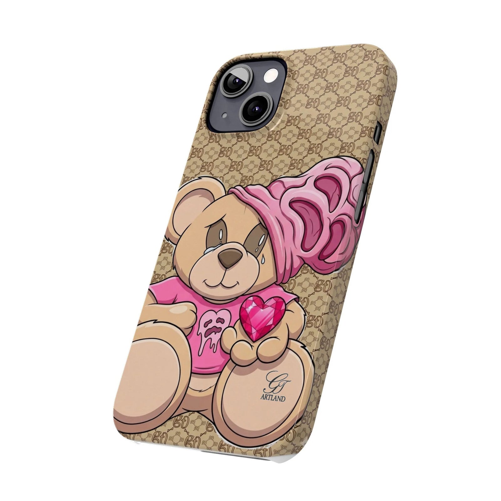 Pink Heart Teddy Bear Slim Phone Case | Designer Monogram Background by GT