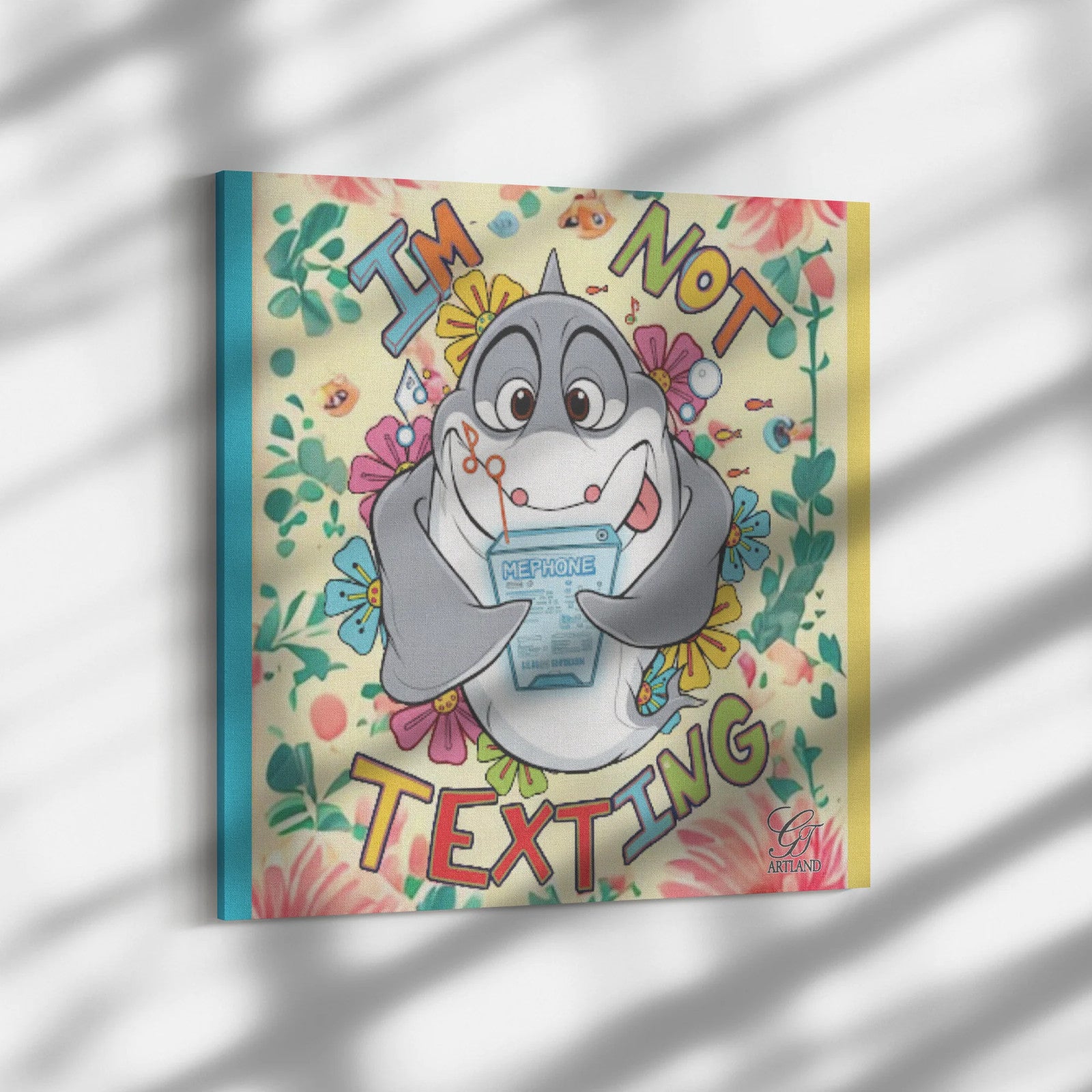 Comic Shark "Humor" ,"I'm Not Texting" Square Canvas Wrap by GT Artland