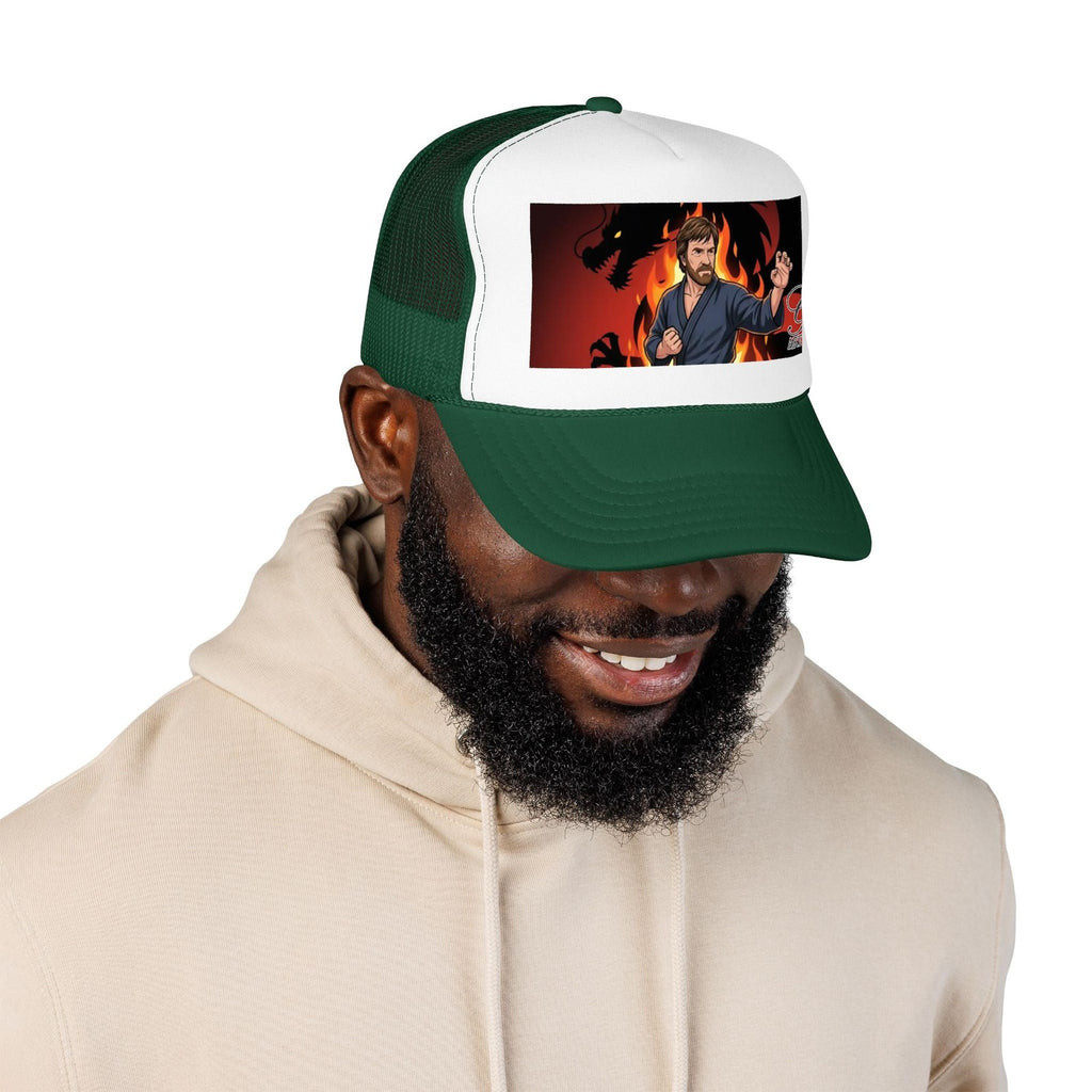 Martial Artist Chuck Norris Flames Foam Trucker Hat | Dragon Silhouette Panel