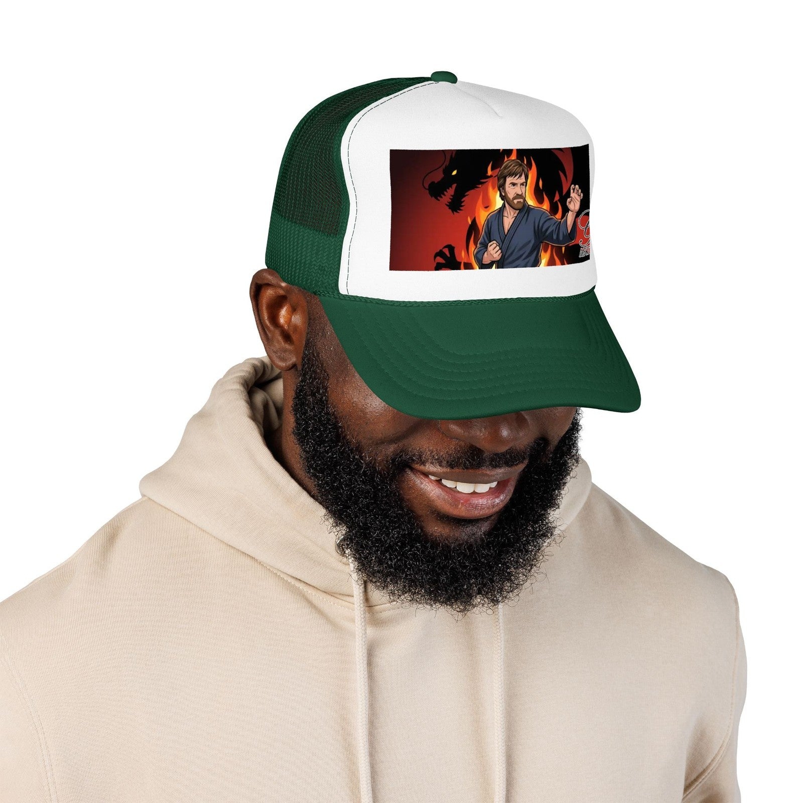 Martial Artist Chuck Norris Flames Foam Trucker Hat | Dragon Silhouette Panel