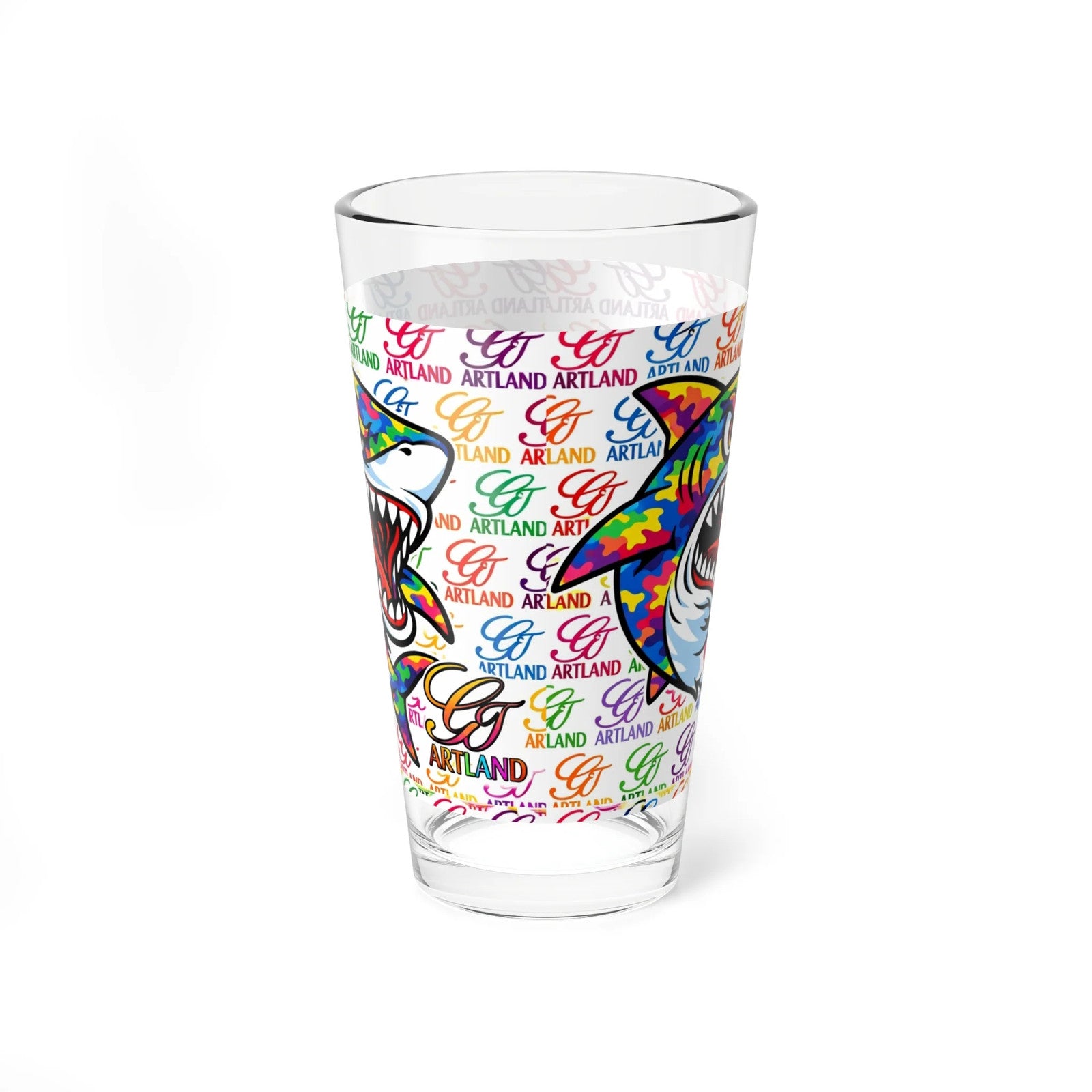 Colorful Shark Illustration Mixing Glass | 16oz Pint Glass, Rainbow Sea Life