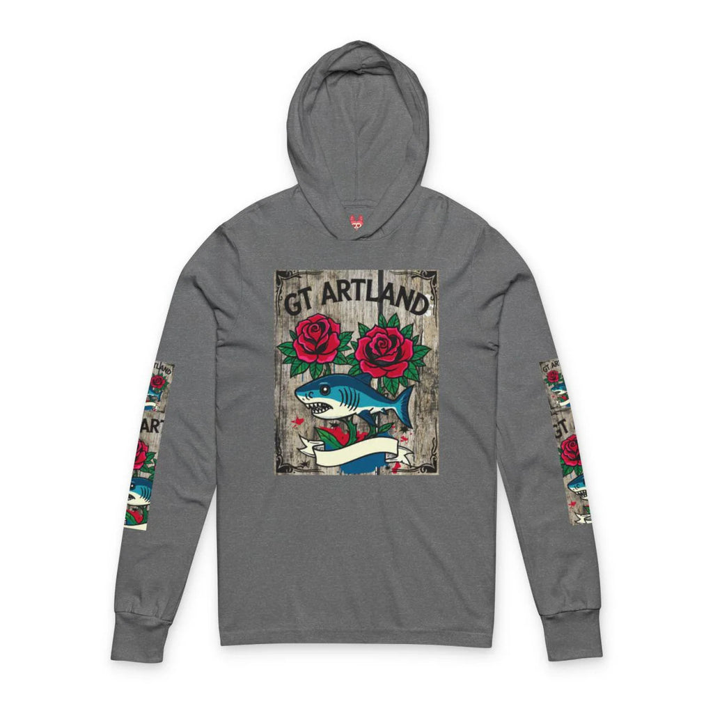 Rose Shark Tattoo Designer High Fashion Unisex Hooded Long Sleeve Tee by GT