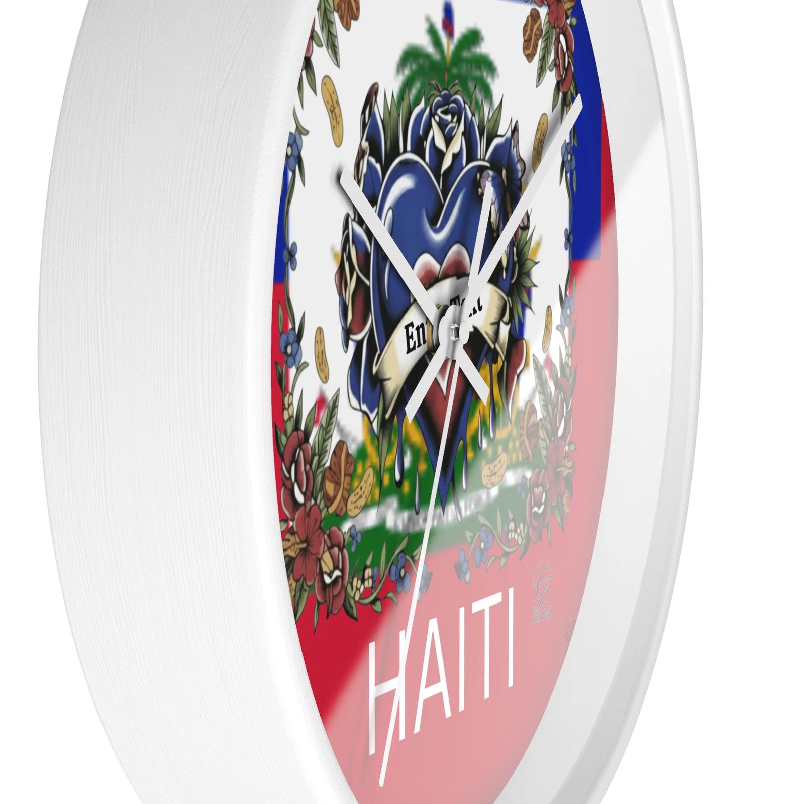Haiti 🇭🇹 Flag Hearts and Roses customizable Wall Clock by GT Artland