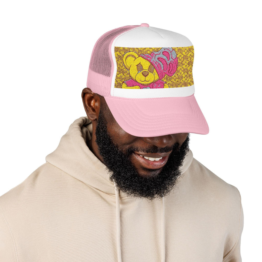 Yellow Teddy with Pink Beanie Trucker Hat | Sparkle Sequin Patch by GT Artland