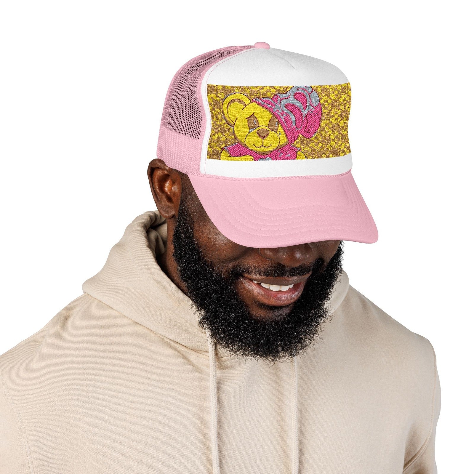 Yellow Teddy with Pink Beanie Trucker Hat | Sparkle Sequin Patch by GT Artland
