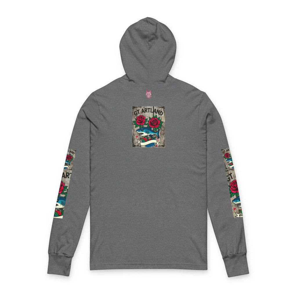 Rose Shark Tattoo Designer High Fashion Unisex Hooded Long Sleeve Tee by GT