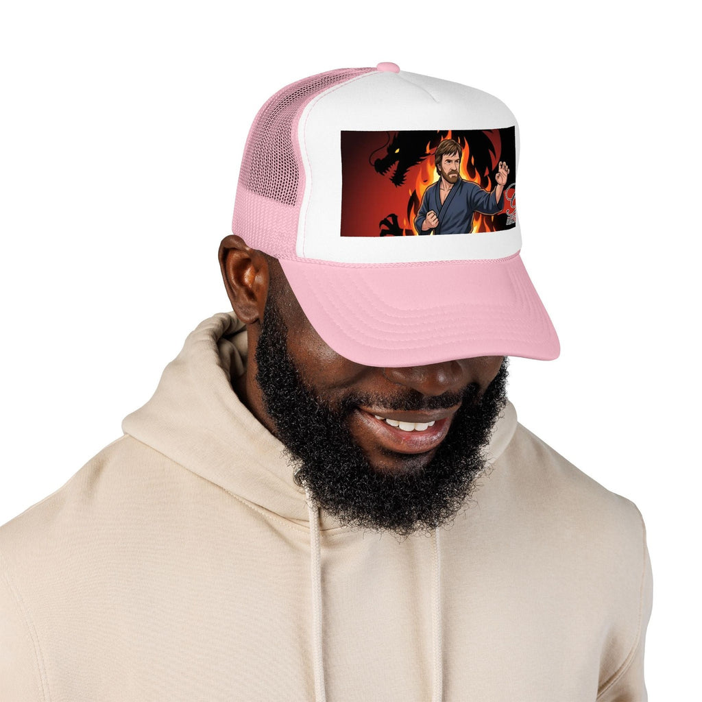 Martial Artist Chuck Norris Flames Foam Trucker Hat | Dragon Silhouette Panel