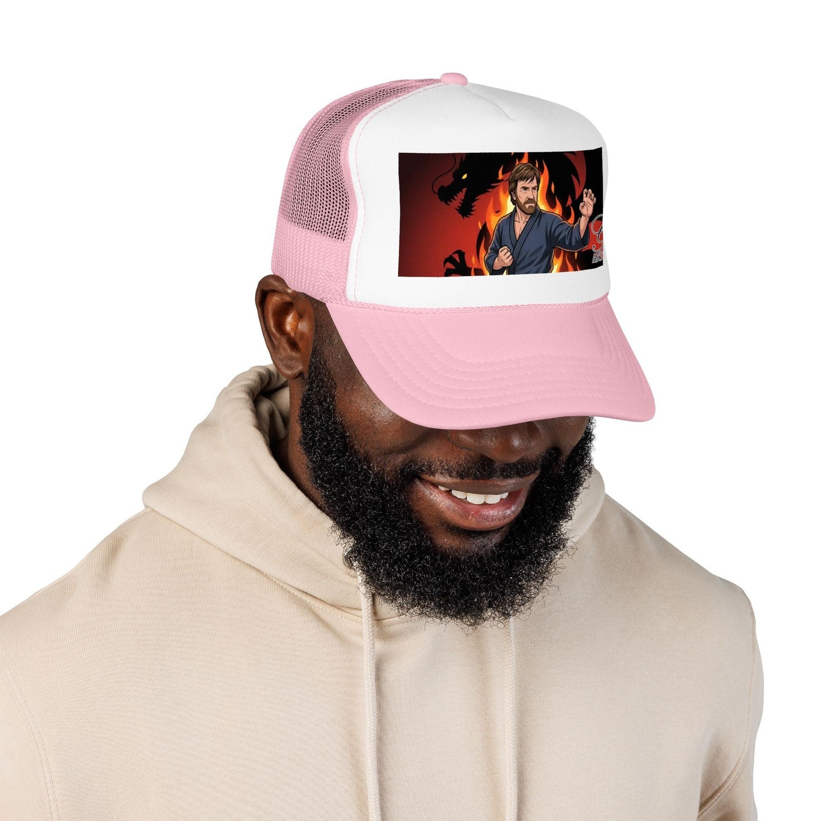 Martial Artist Chuck Norris Flames Foam Trucker Hat | Dragon Silhouette Panel
