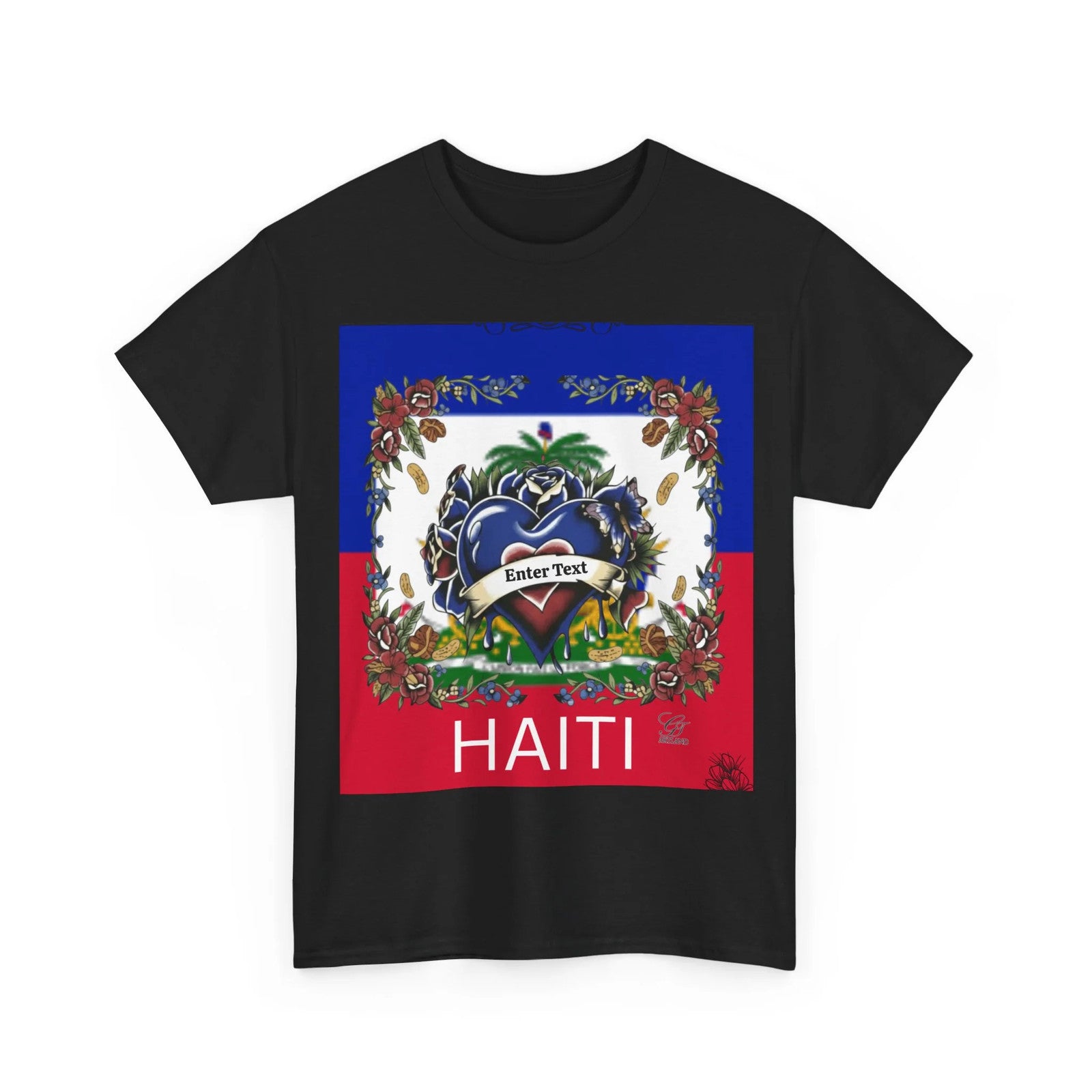 Haiti Flag Love Hearts and Roses Designer Unisex Heavy Cotton Tee by GT Artland