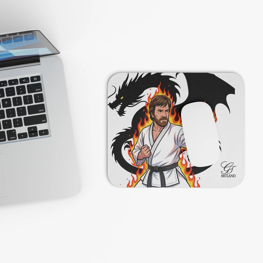 Martial Artist Chuck Norris with Dragon Flames Mouse Pad | Karate Dragon Desk