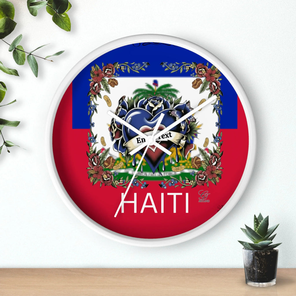 Haiti 🇭🇹 Flag Hearts and Roses customizable Wall Clock by GT Artland