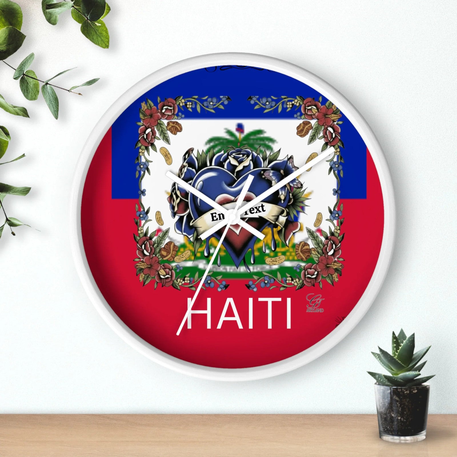 Haiti 🇭🇹 Flag Hearts and Roses customizable Wall Clock by GT Artland