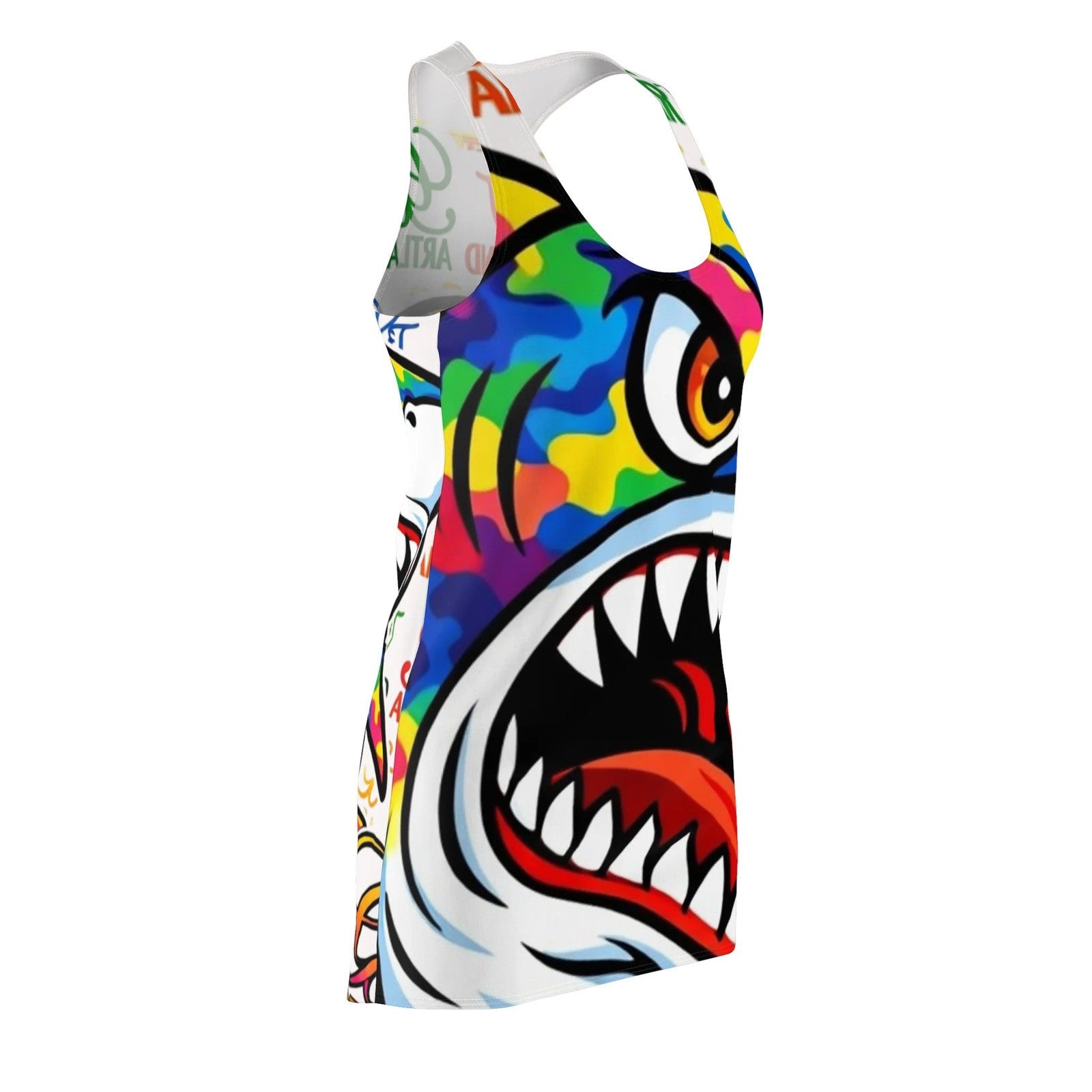 Colorful Camo Designer Killa Shark Graphic Racerback Dress | All-Over Print by