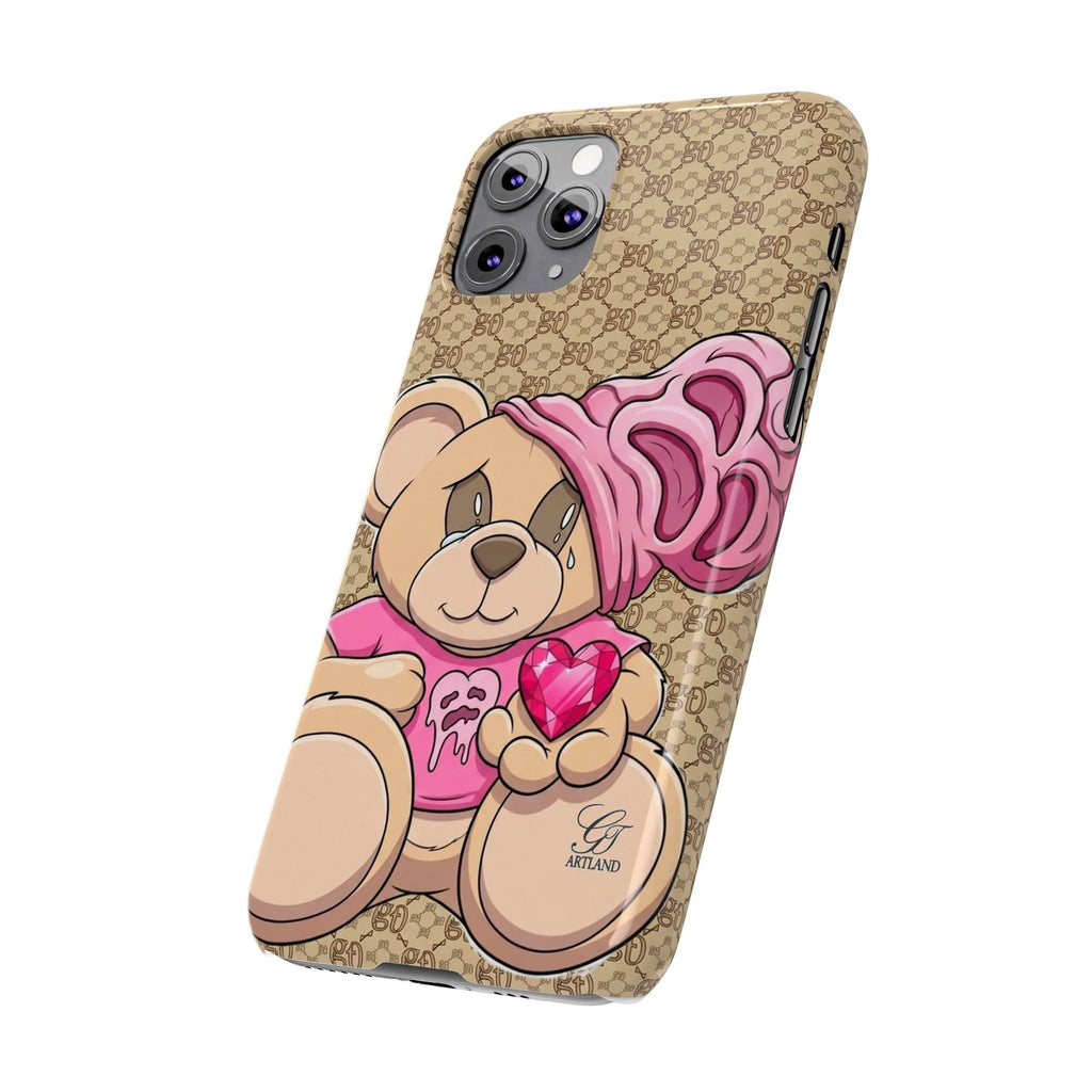 Pink Heart Teddy Bear Slim Phone Case | Designer Monogram Background by GT