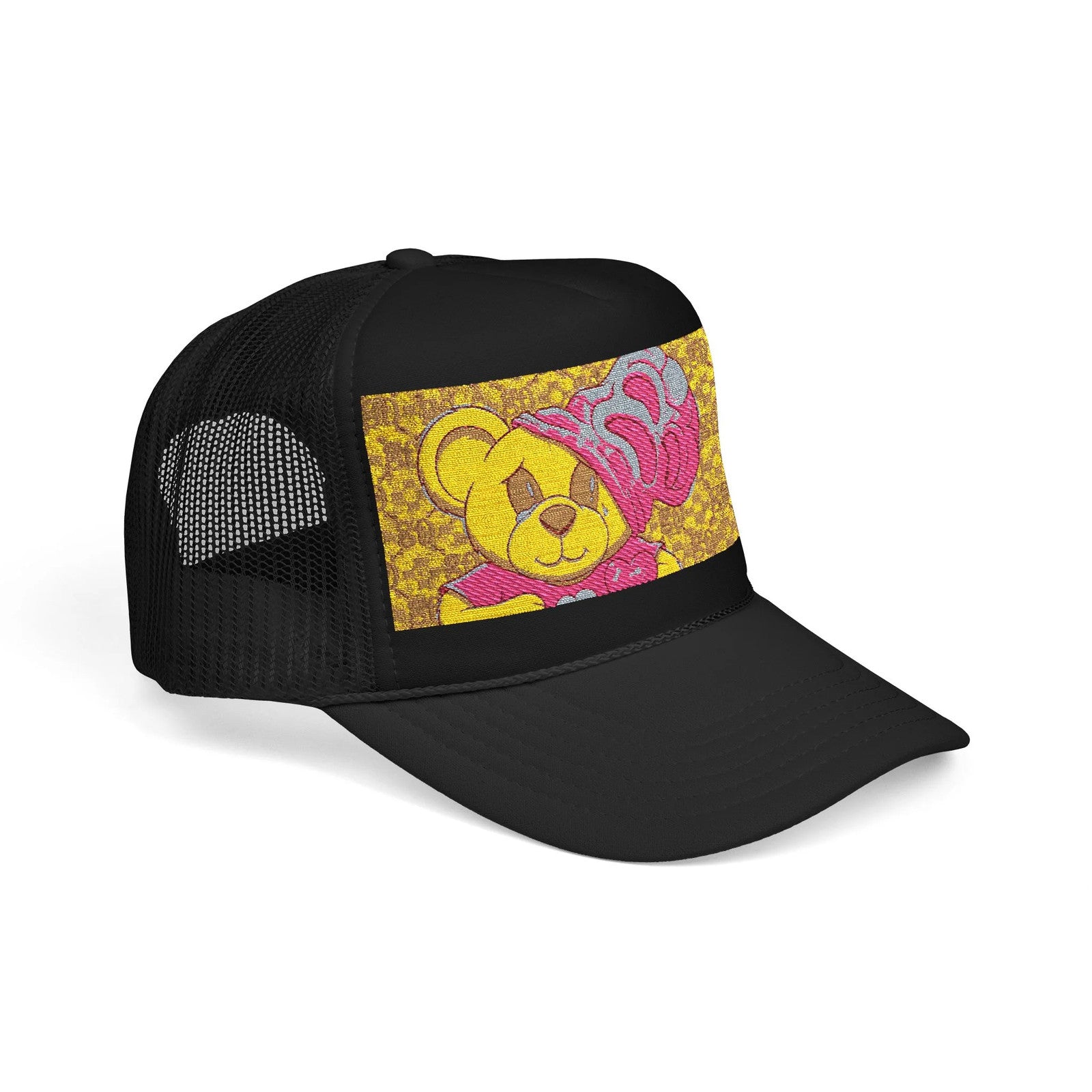 Yellow Teddy with Pink Beanie Trucker Hat | Sparkle Sequin Patch by GT Artland