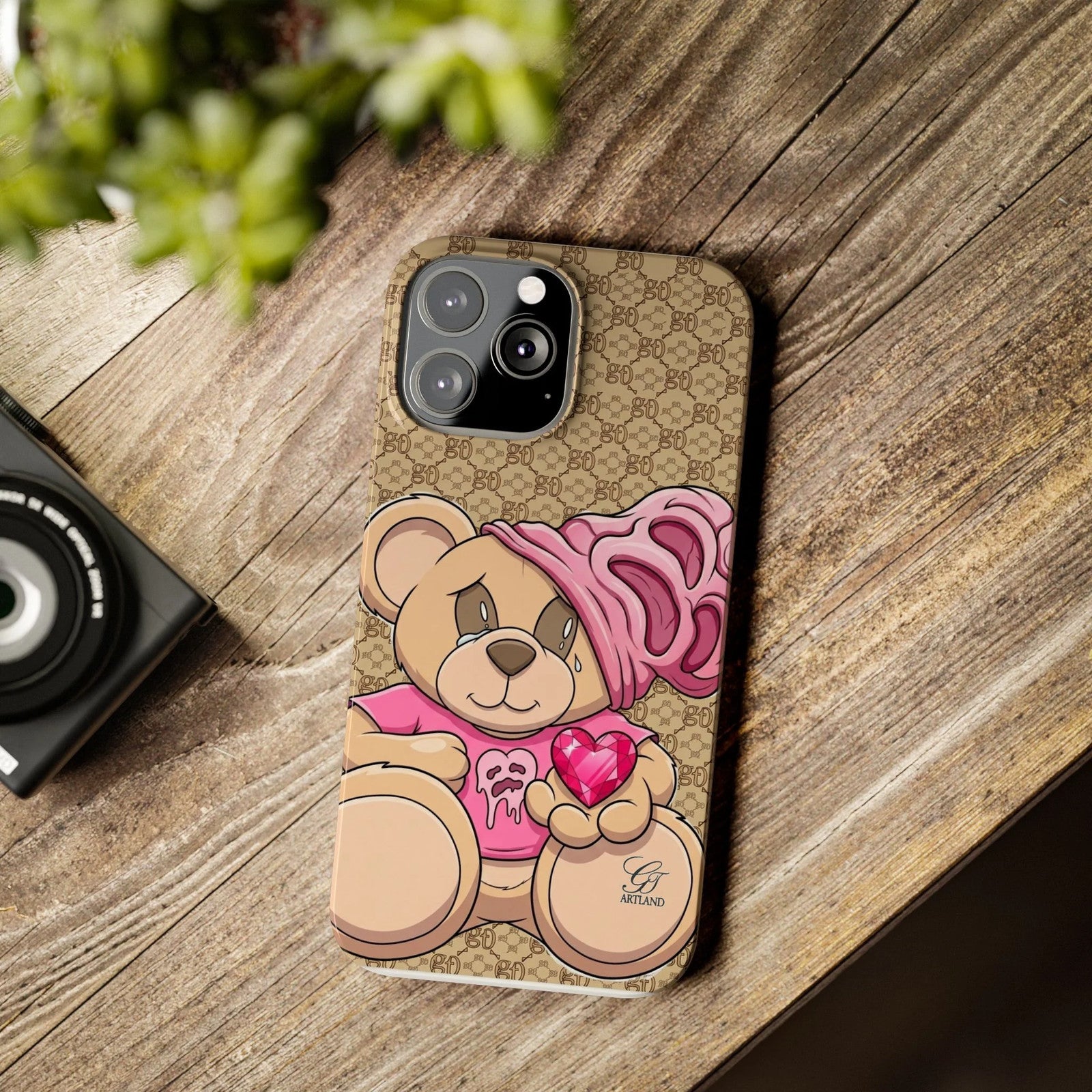 Pink Heart Teddy Bear Slim Phone Case | Designer Monogram Background by GT