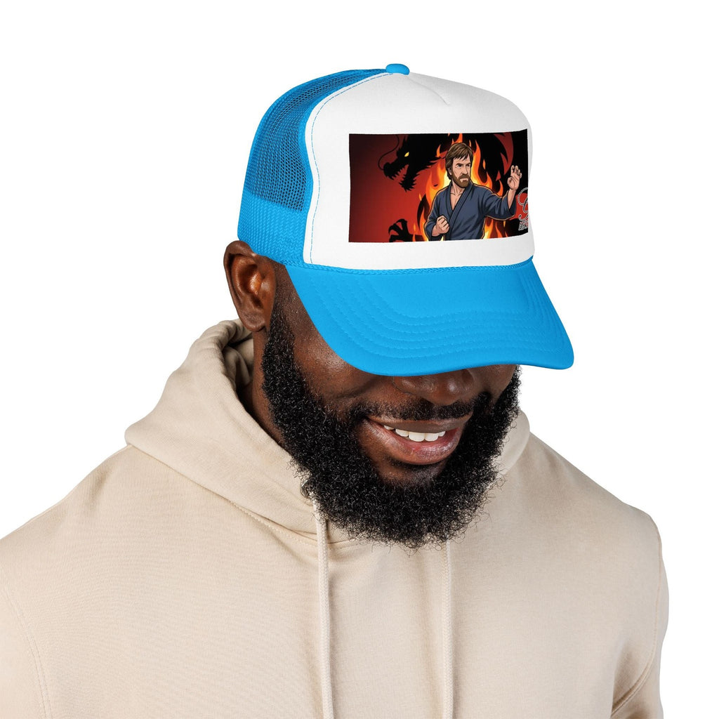 Martial Artist Chuck Norris Flames Foam Trucker Hat | Dragon Silhouette Panel