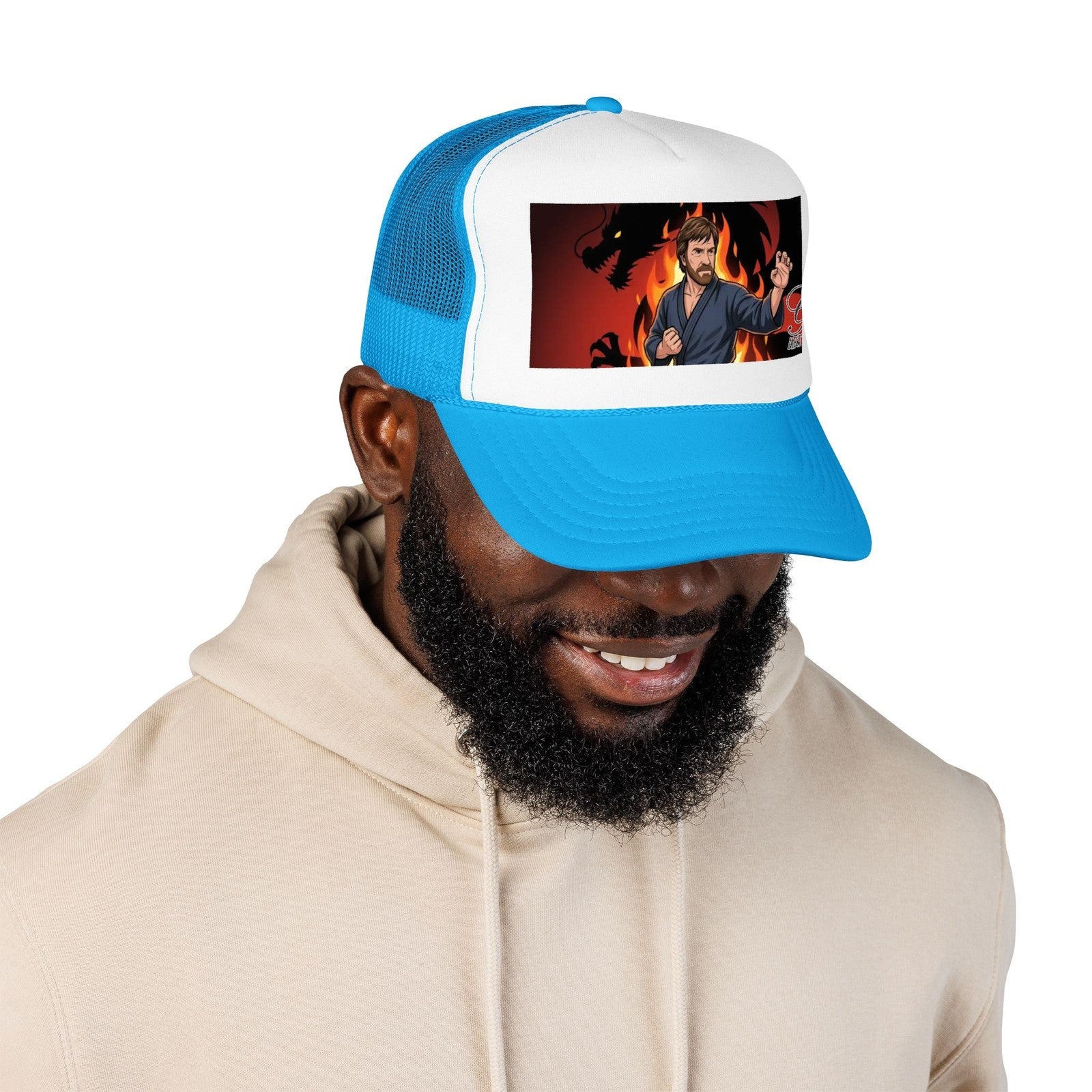 Martial Artist Chuck Norris Flames Foam Trucker Hat | Dragon Silhouette Panel