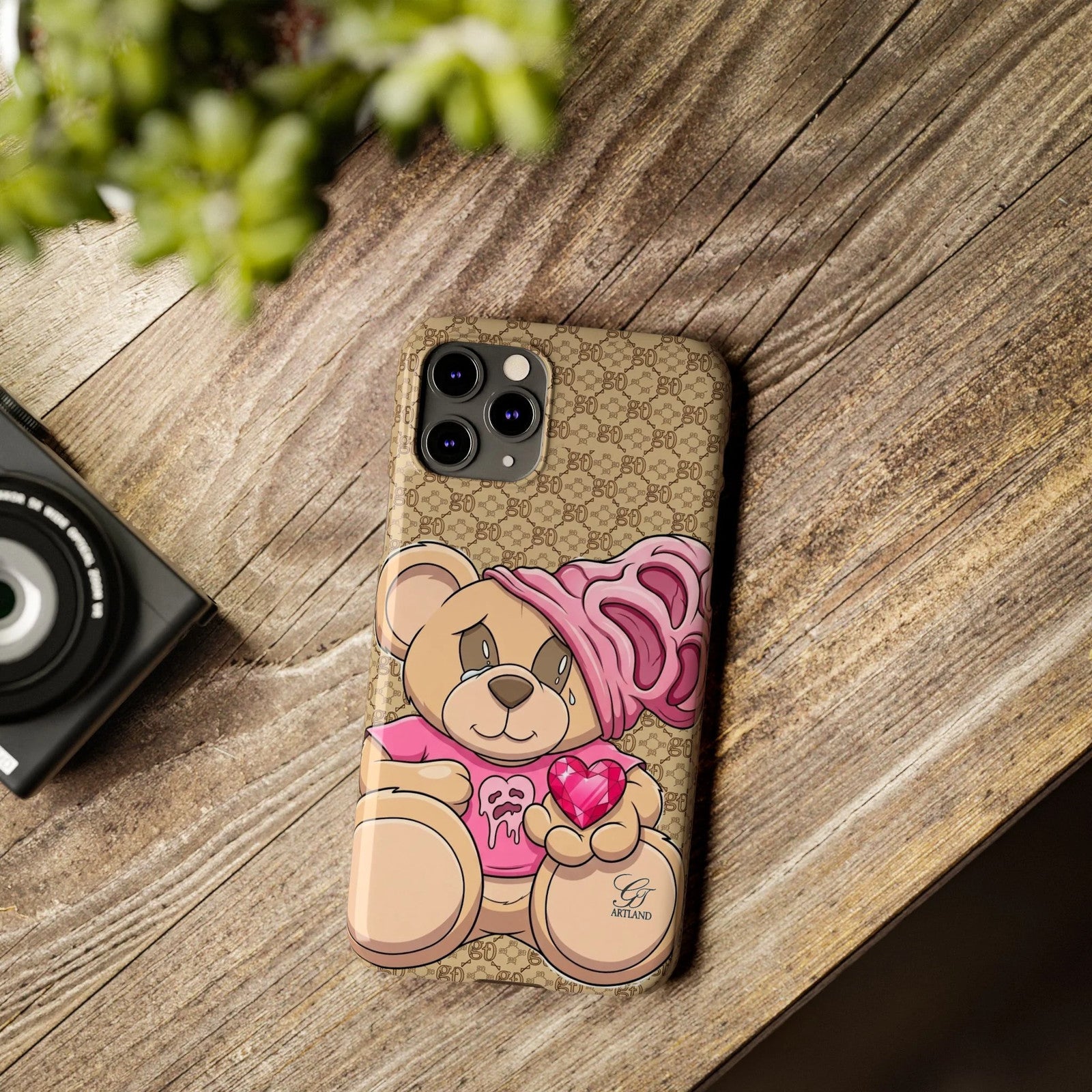 Pink Heart Teddy Bear Slim Phone Case | Designer Monogram Background by GT