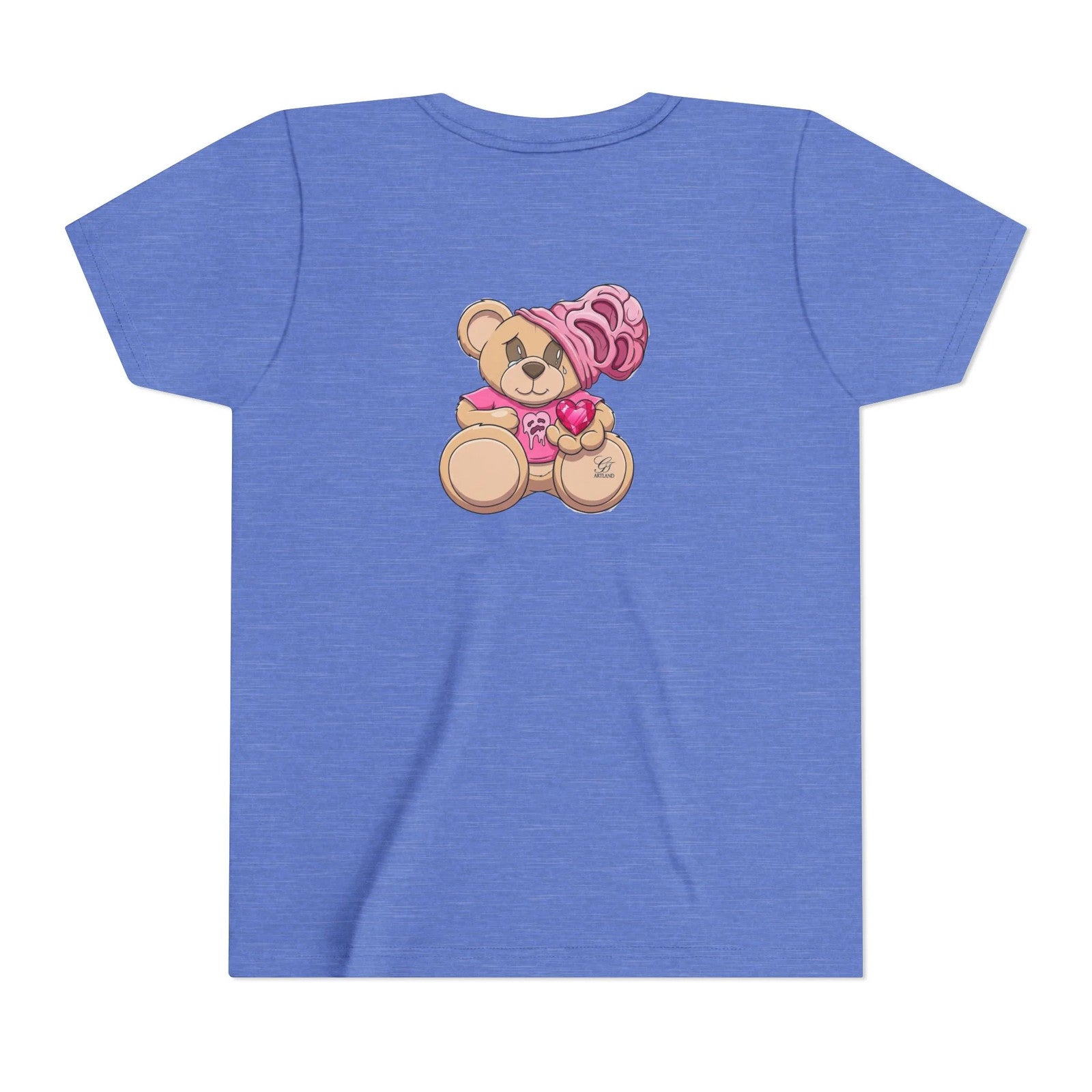 Pink Teddy Bear Holding Heart Youth Tee | Cute Bear Graphic by GT Artland
