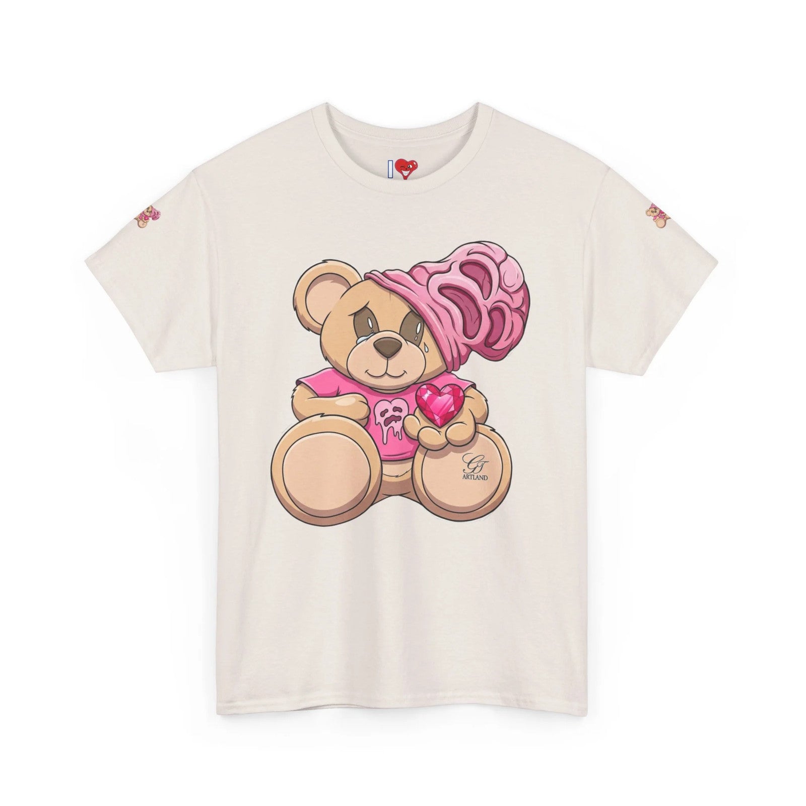 Pink Bear with Brain Beanie T-Shirt | Cute Teddy Illustration by GT Artland