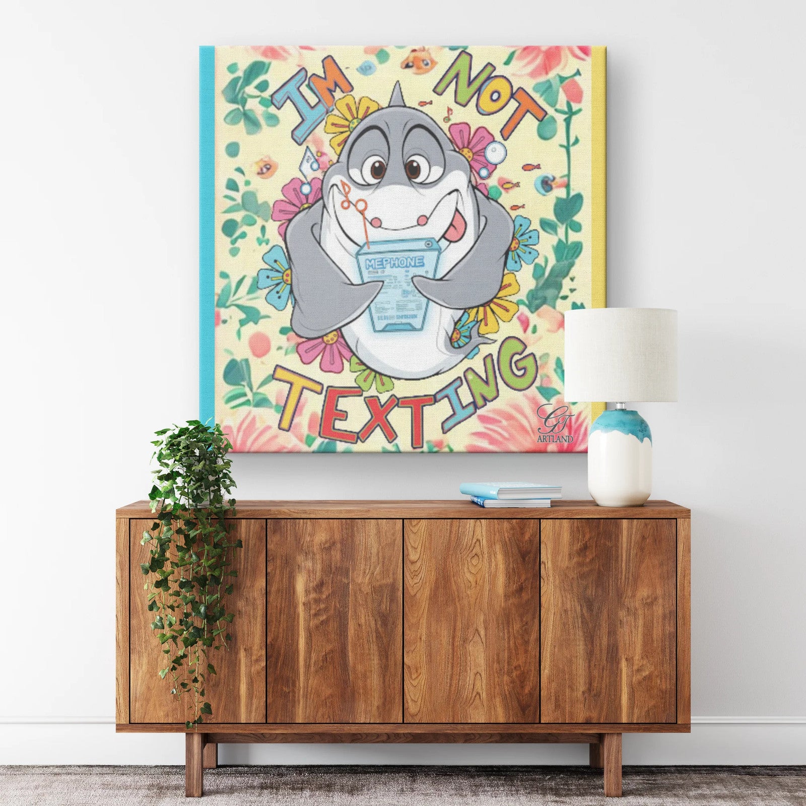 Comic Shark "Humor" ,"I'm Not Texting" Square Canvas Wrap by GT Artland