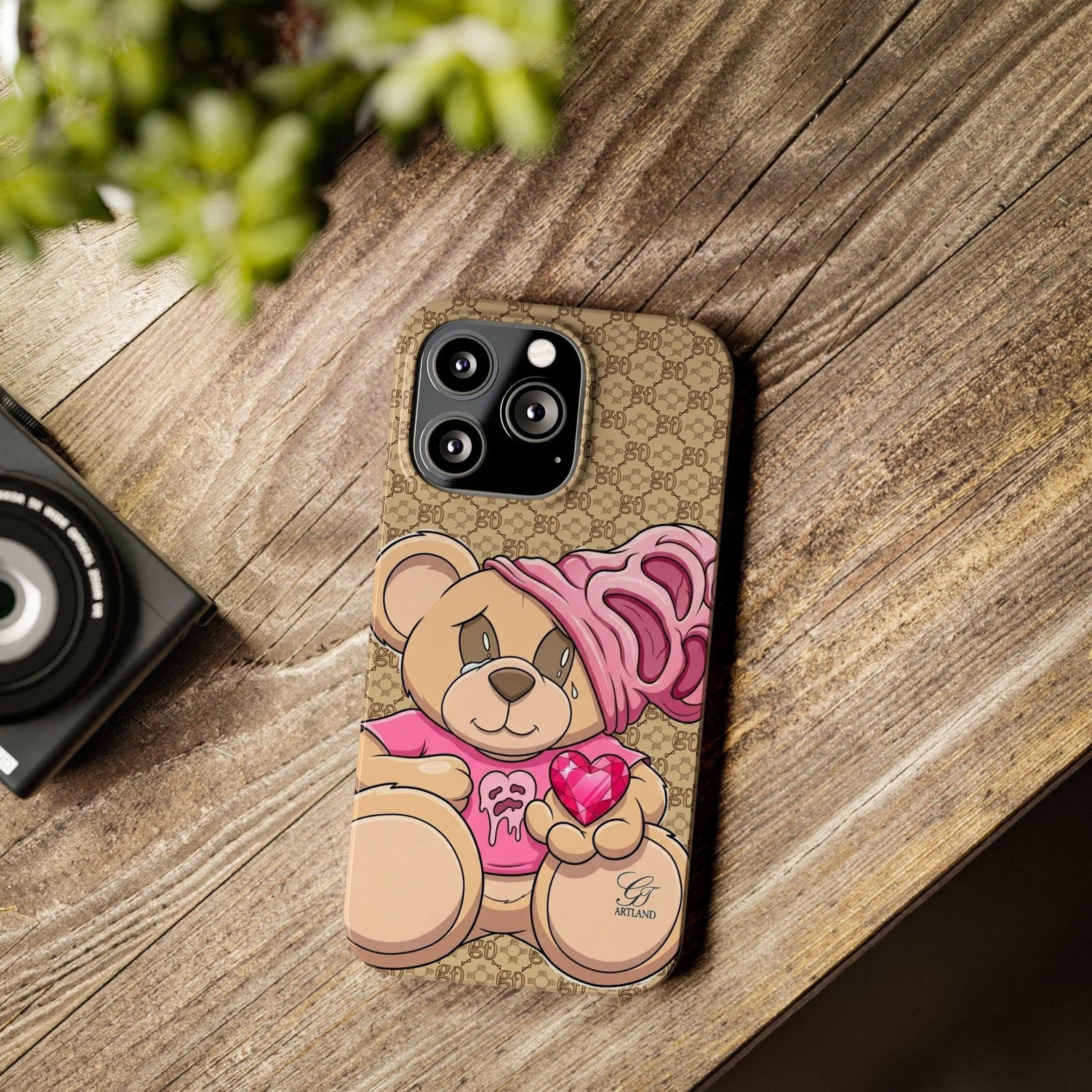 Pink Heart Teddy Bear Slim Phone Case | Designer Monogram Background by GT
